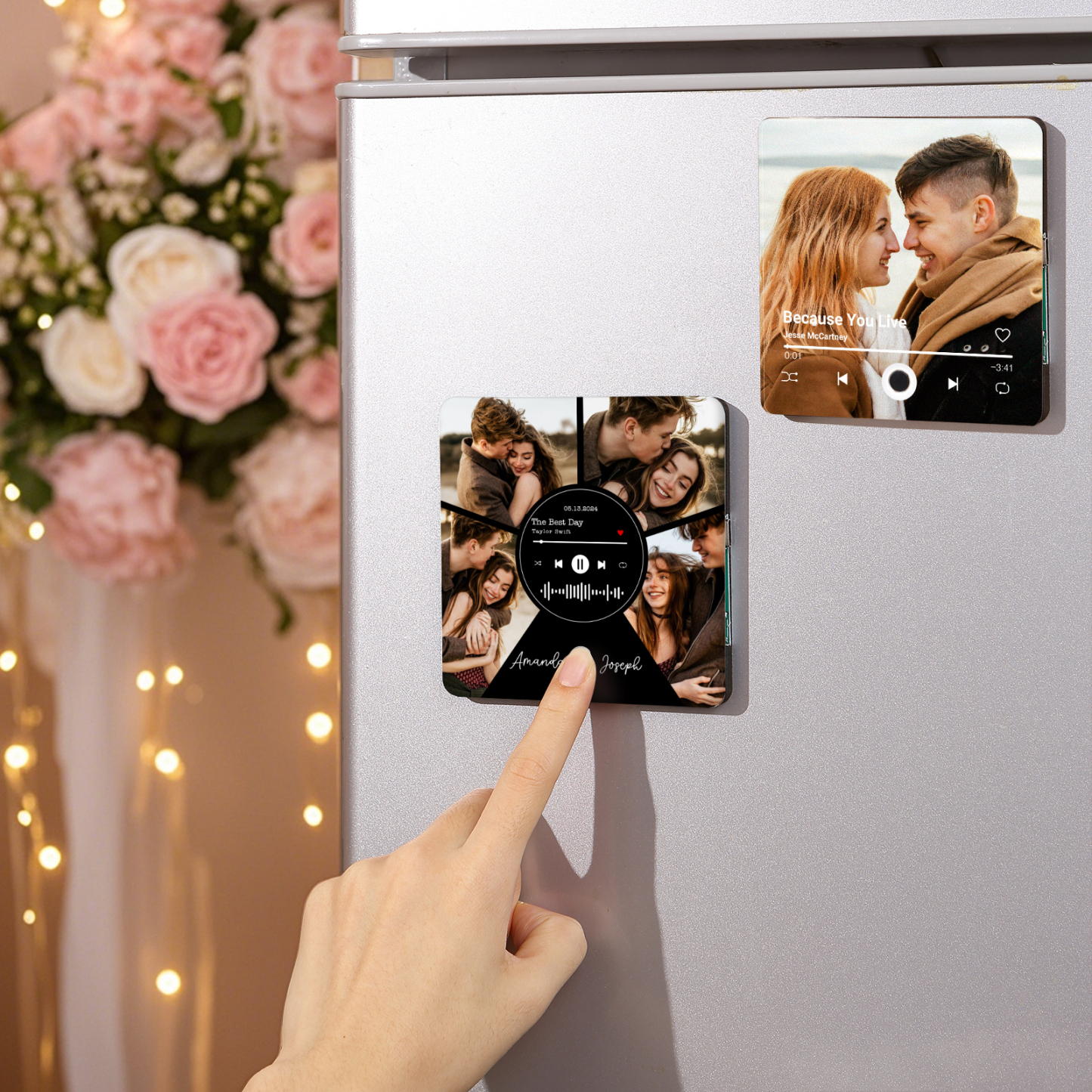 Personalisierte 4 Fotos & 2 Namen & Datum & Lied Herz Acryl-Kühlschrankmagnet für Paar
