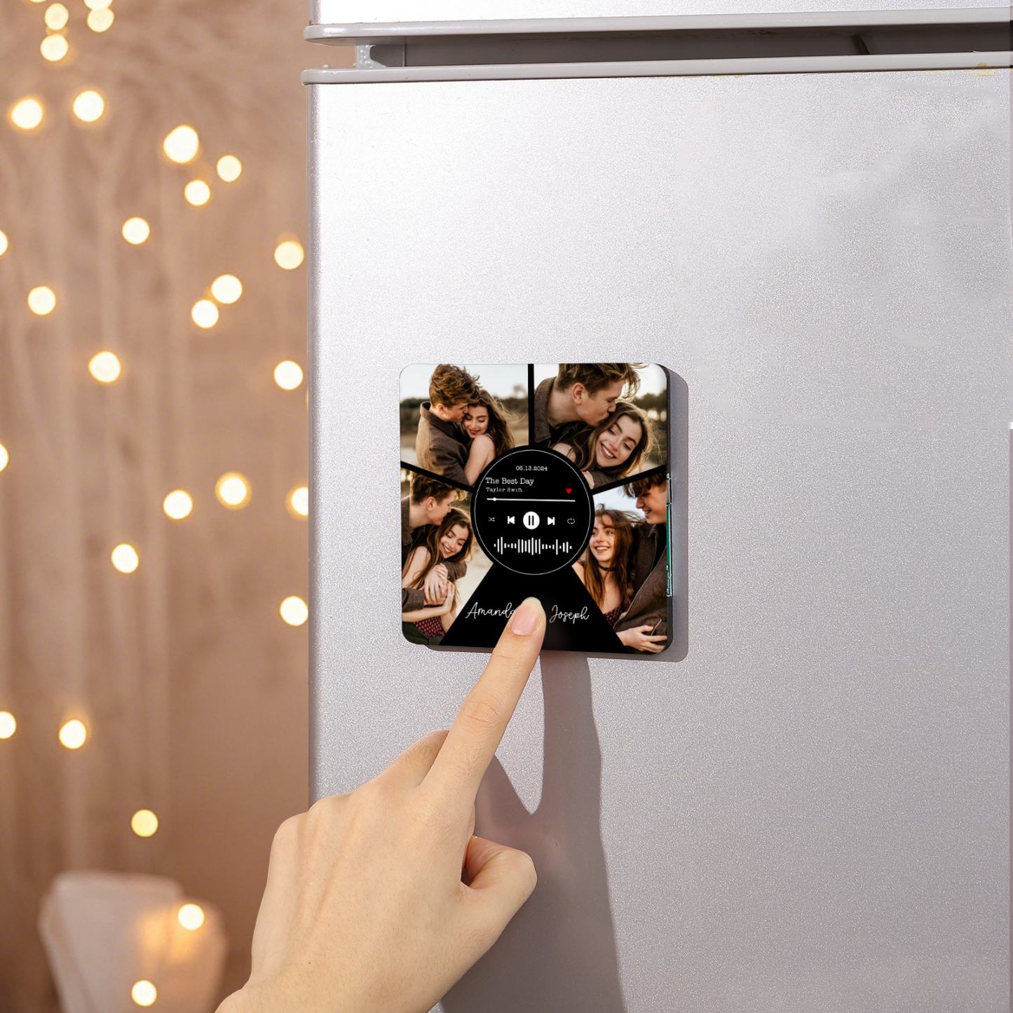 Personalisierte 4 Fotos & 2 Namen & Datum & Lied Herz Acryl-Kühlschrankmagnet für Paar