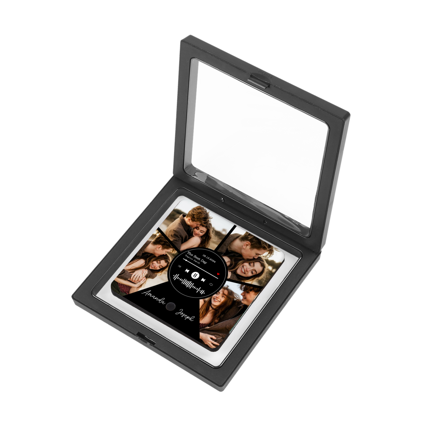 Personalisierte 4 Fotos & 2 Namen & Datum & Lied Herz Acryl-Kühlschrankmagnet für Paar