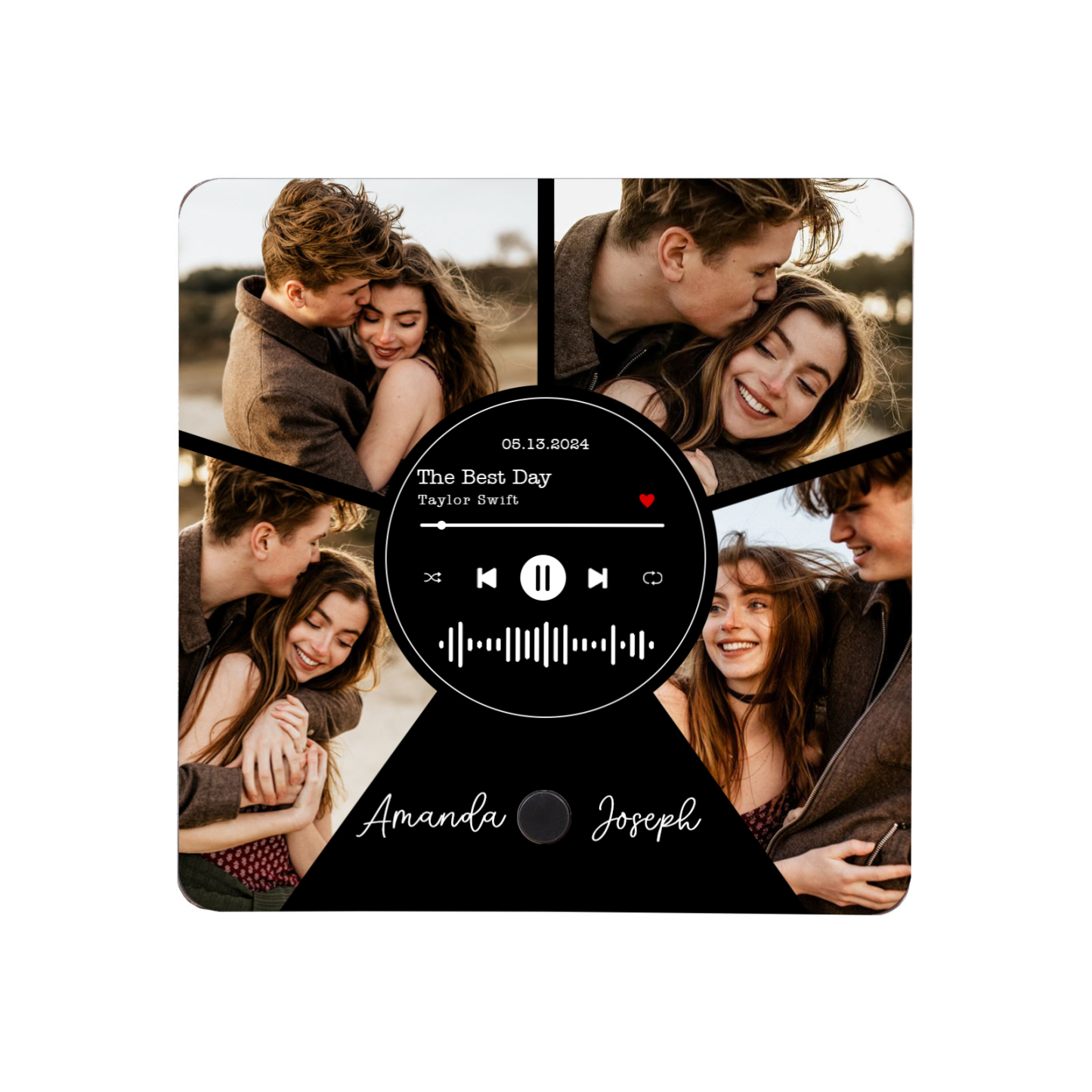 Personalisierte 4 Fotos & 2 Namen & Datum & Lied Herz Acryl-Kühlschrankmagnet für Paar