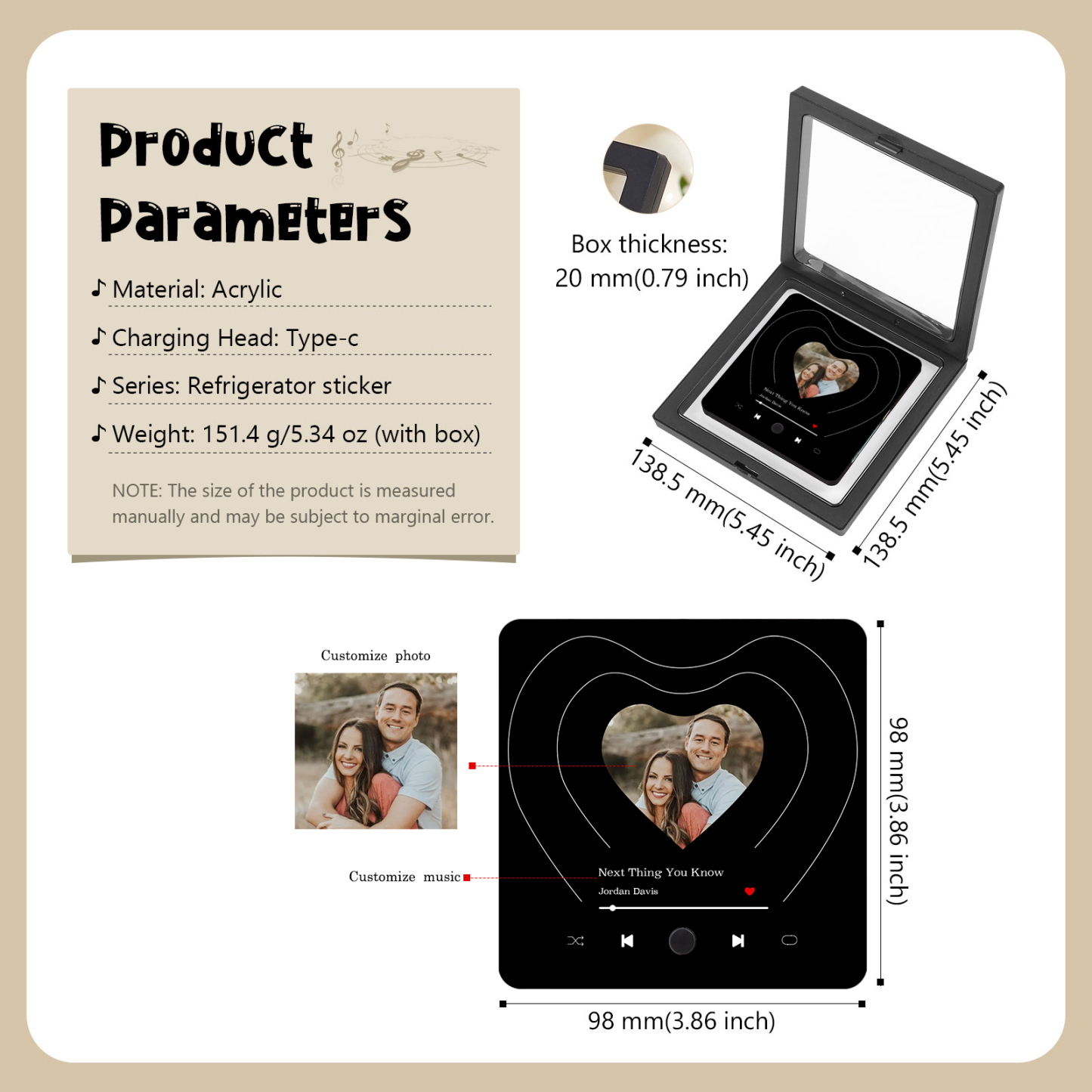 Personalisiertes 1 Foto & Lied Schwarz Herz Acryl-Kühlschrankmagnet für Paar