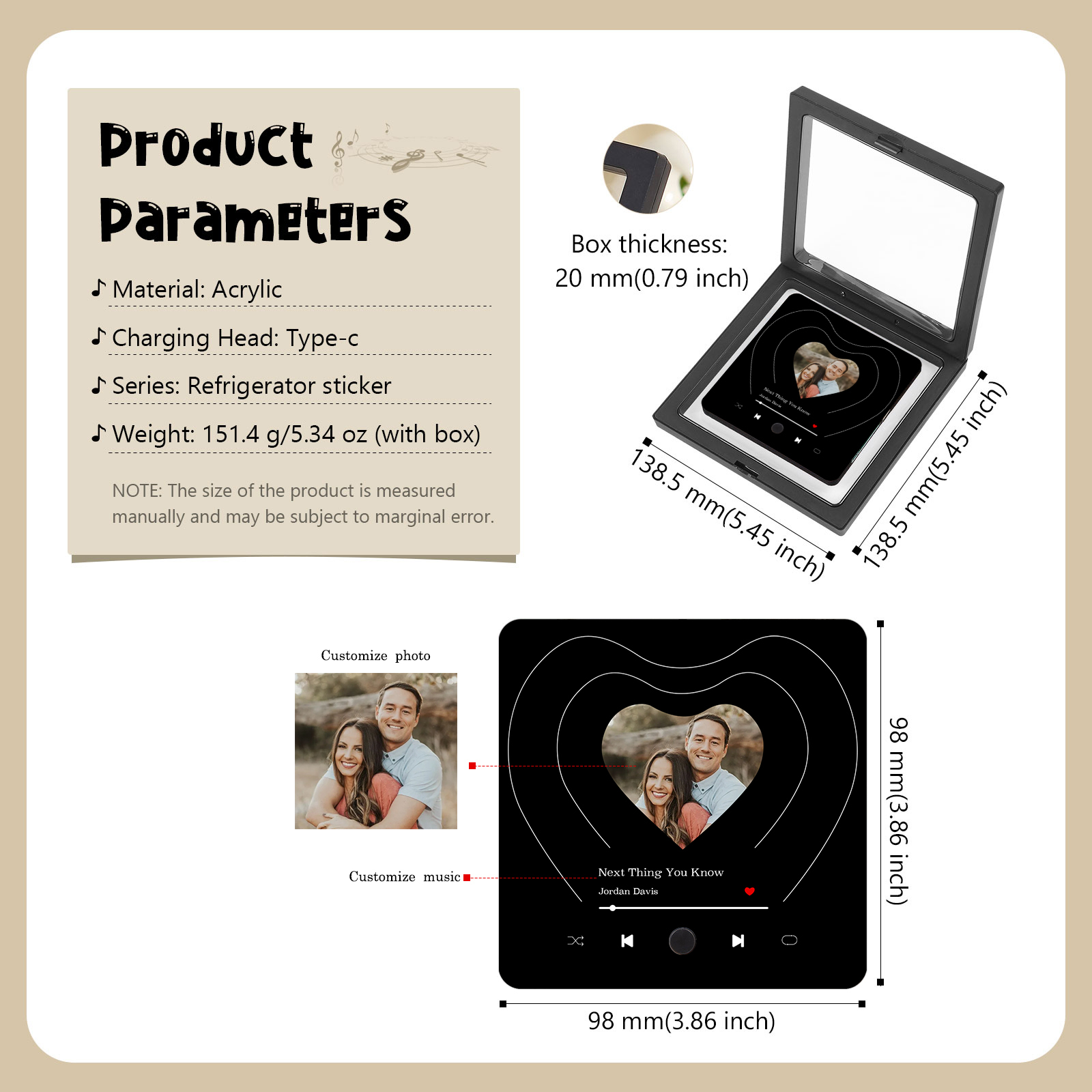 Personalisiertes 1 Foto & Lied Schwarz Herz Acryl-Kühlschrankmagnet für Paar
