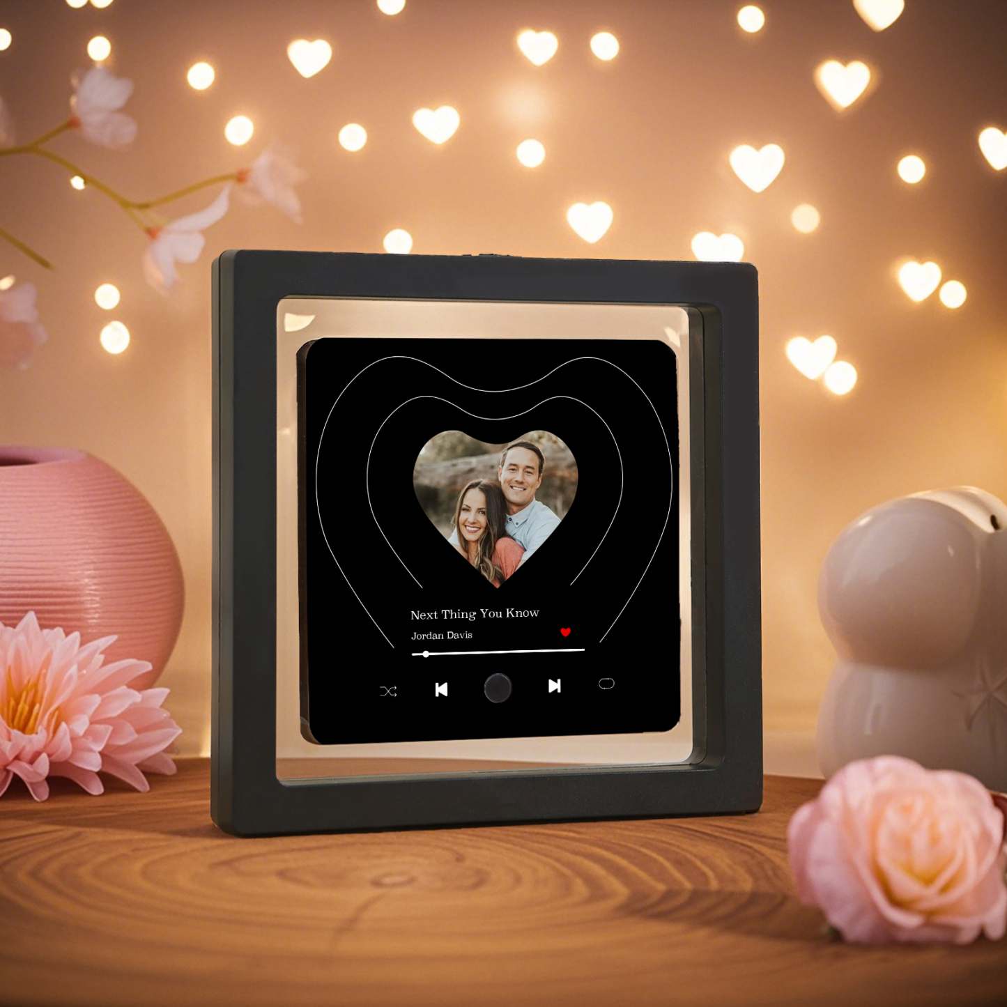 Personalisiertes 1 Foto & Lied Schwarz Herz Acryl-Kühlschrankmagnet für Paar