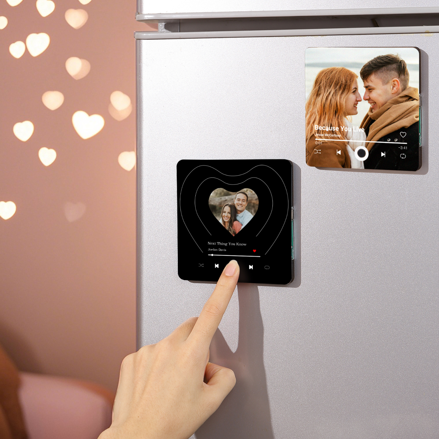 Personalisiertes 1 Foto & Lied Schwarz Herz Acryl-Kühlschrankmagnet für Paar