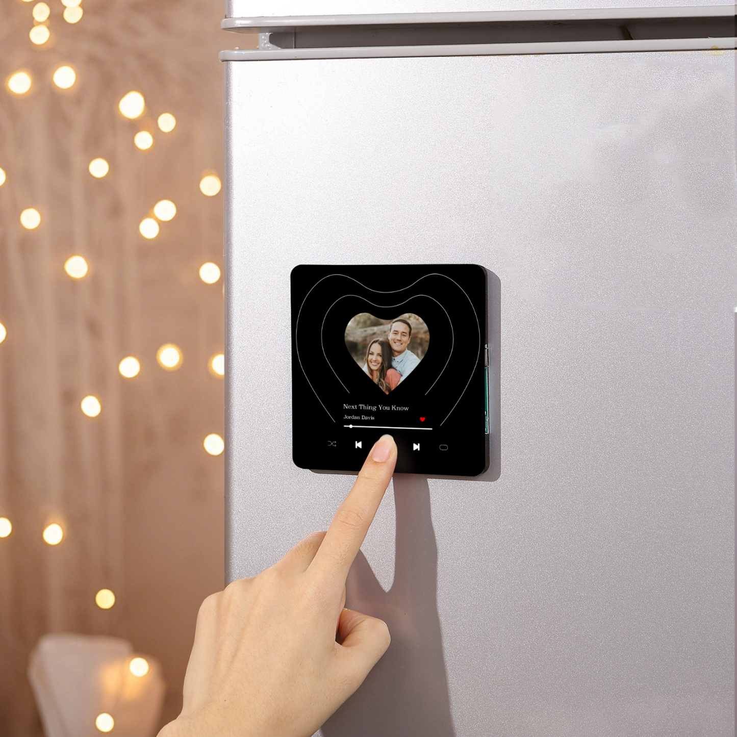 Personalisiertes 1 Foto & Lied Schwarz Herz Acryl-Kühlschrankmagnet für Paar