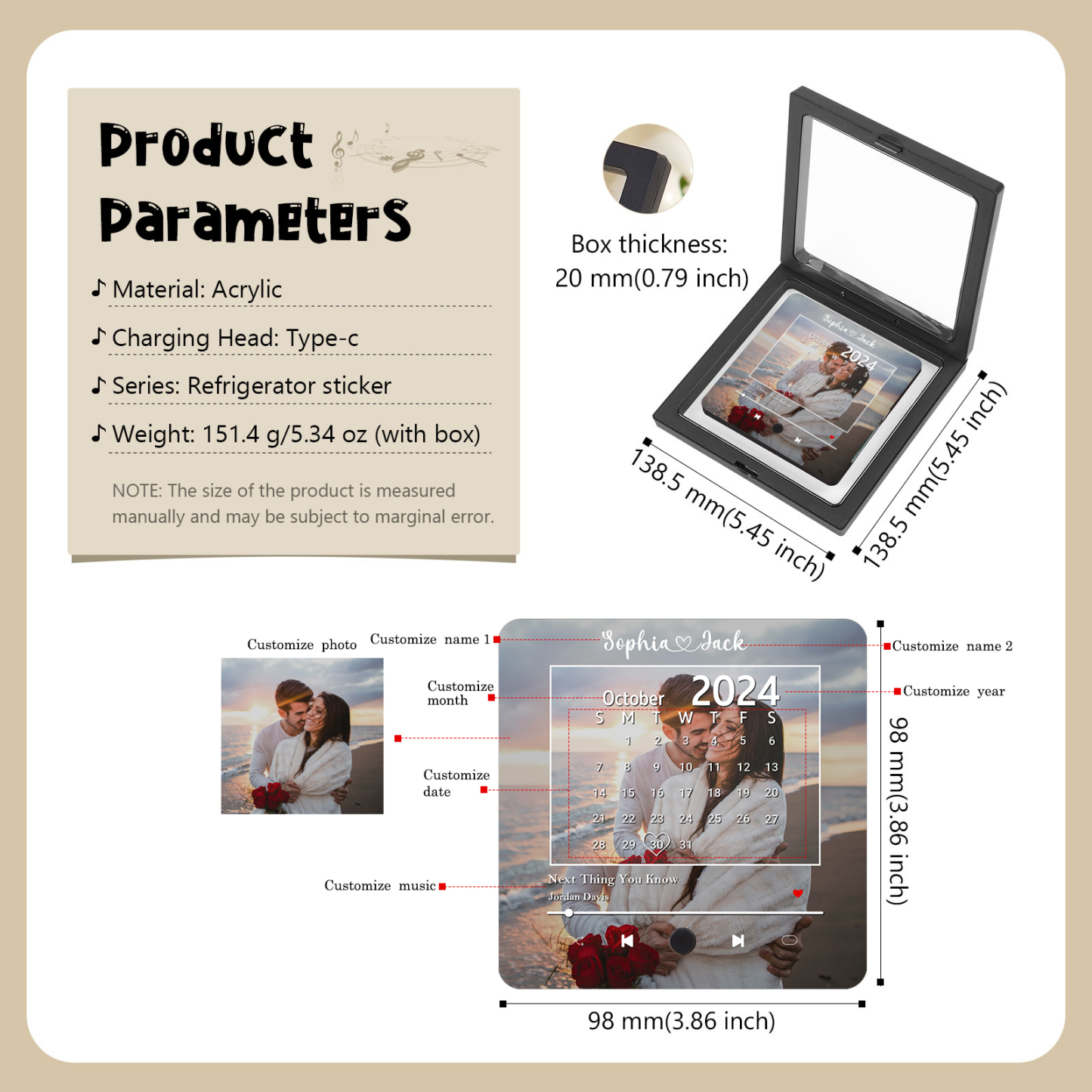 Personalisiertes Foto & 2 Namen & Kalender & Lied Acryl-Kühlschrankmagnet-Geschenk für Paar