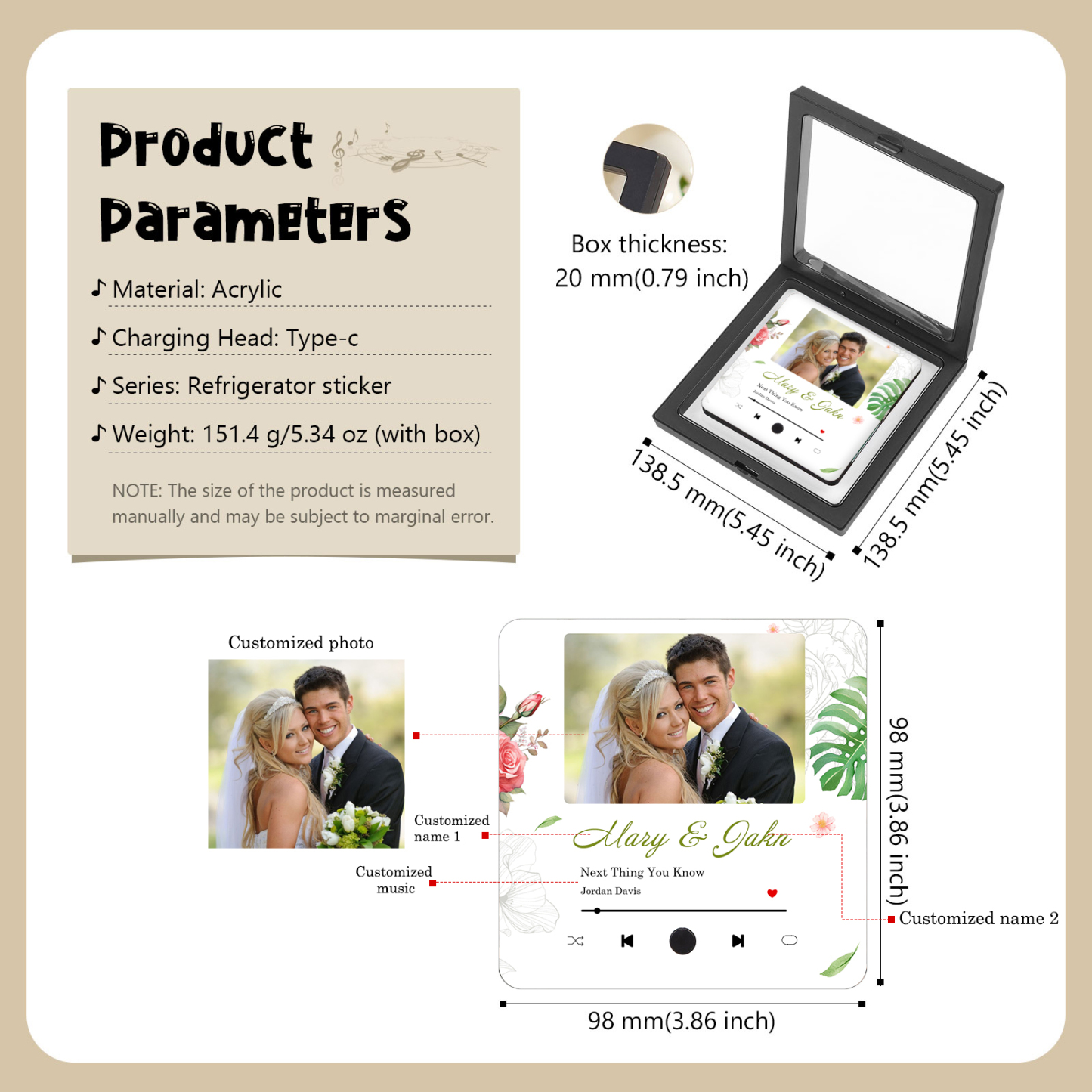 Personalisiertes Foto & 2 Namen & Lied Musikrahmen Herz – Eure Liebe in Bild & Ton – Acryl-Kühlschrankmagnet für Paar