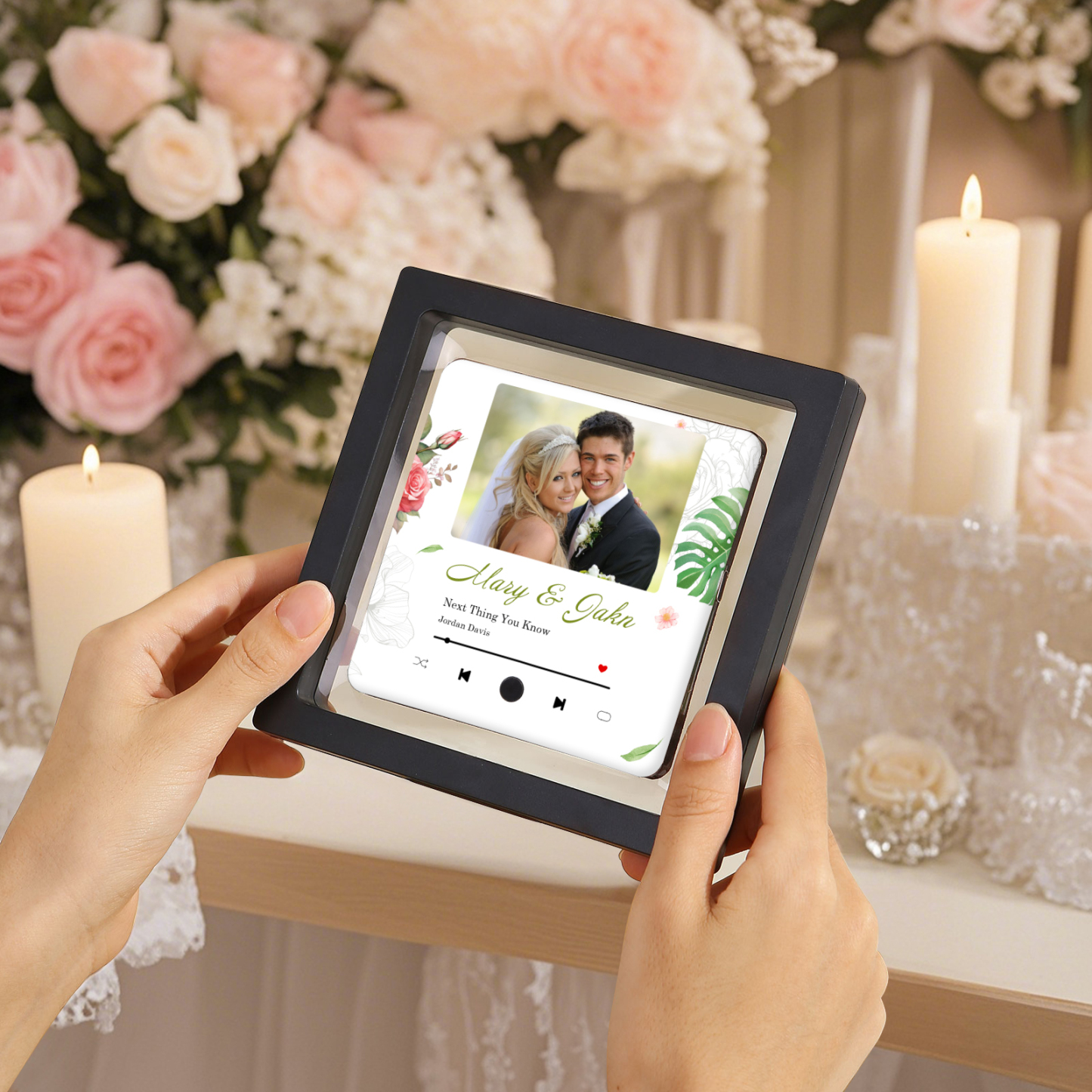 Personalisiertes Foto & 2 Namen & Lied Musikrahmen Herz – Eure Liebe in Bild & Ton – Acryl-Kühlschrankmagnet für Paar