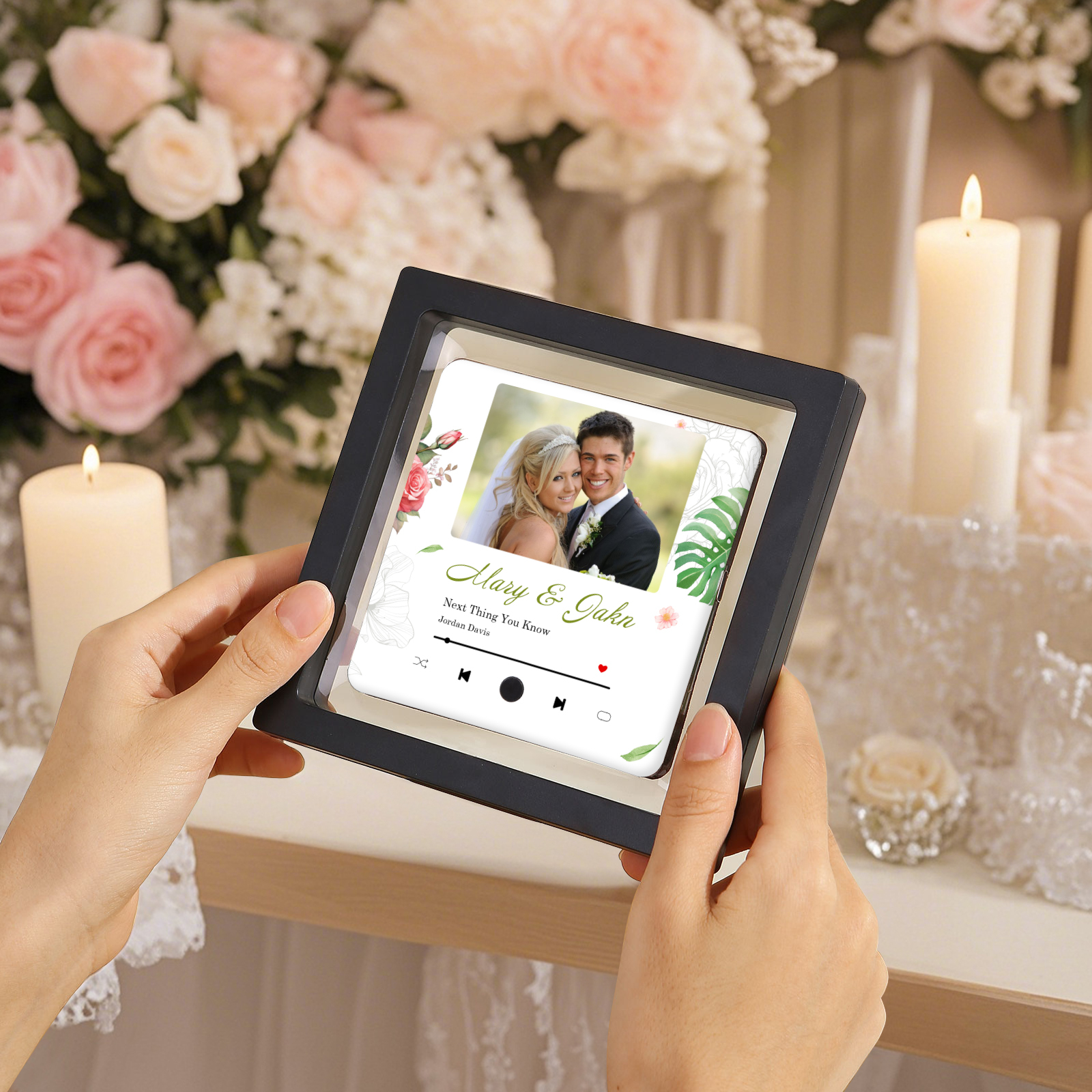 Personalisiertes Foto & 2 Namen & Lied Musikrahmen Herz – Eure Liebe in Bild & Ton – Acryl-Kühlschrankmagnet für Paar