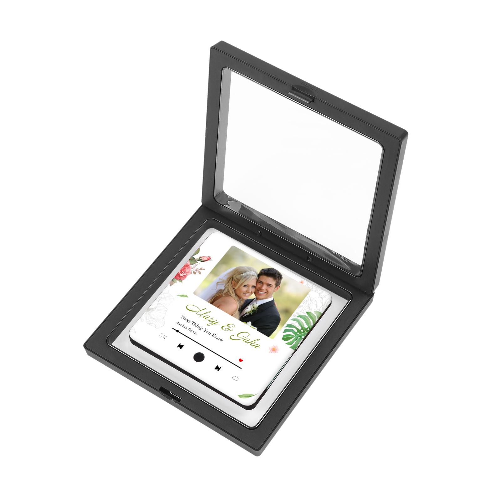 Personalisiertes Foto & 2 Namen & Lied Musikrahmen Herz – Eure Liebe in Bild & Ton – Acryl-Kühlschrankmagnet für Paar