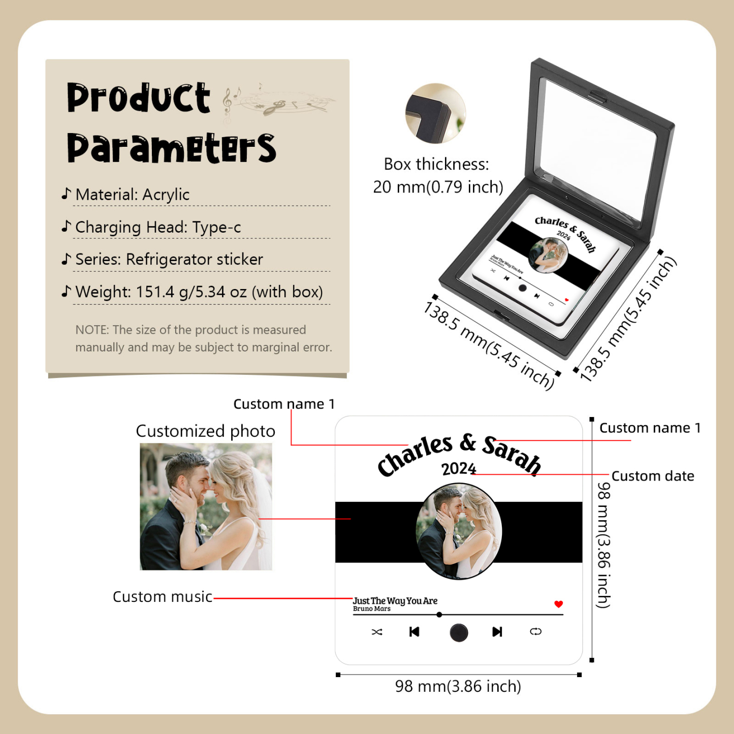 Personalisiertes 2 Foto & 2 Namen & Jahr & Lied Weiß Acryl-Kühlschrankmagnet für Paar