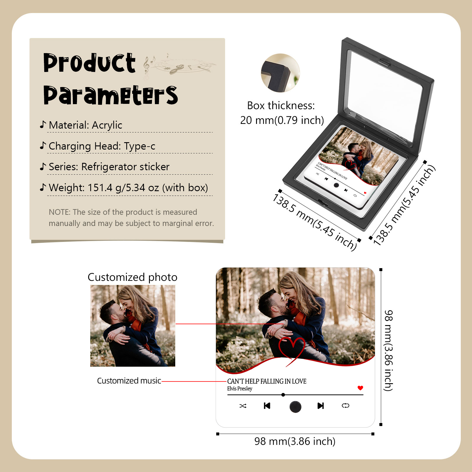 Personalisiertes 1 Foto & Lied Schwarz Herz Acryl-Kühlschrankmagnet für Paar