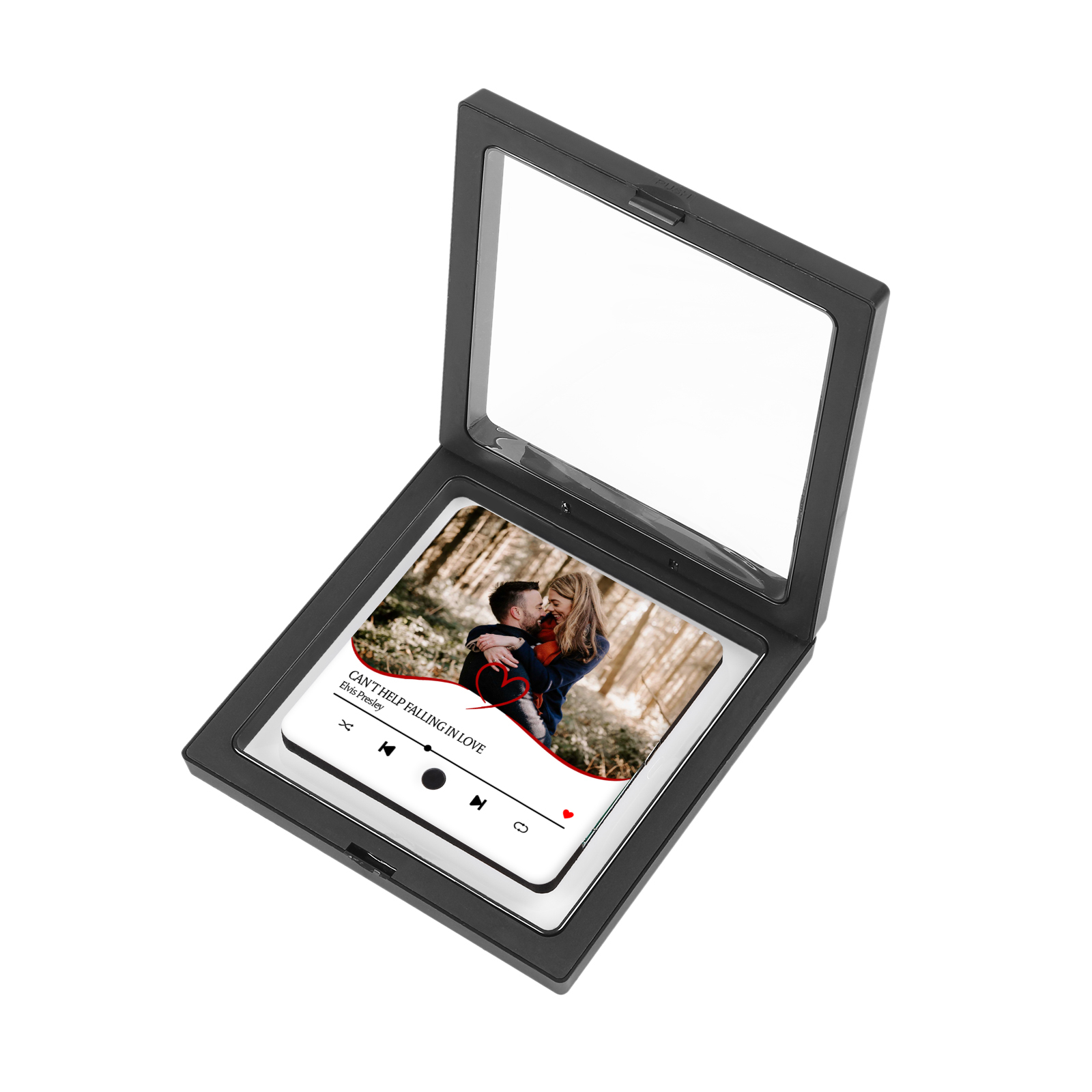 Personalisiertes 1 Foto & Lied Schwarz Herz Acryl-Kühlschrankmagnet für Paar