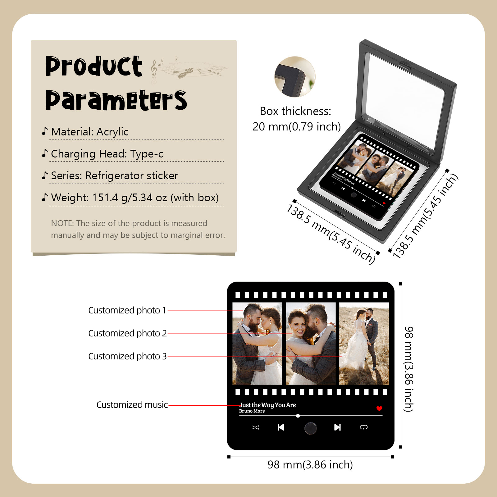Personalisierte 3 Fotos & Lied Herz Acryl-Kühlschrankmagnet Musikrahmen Geschenk für Paar