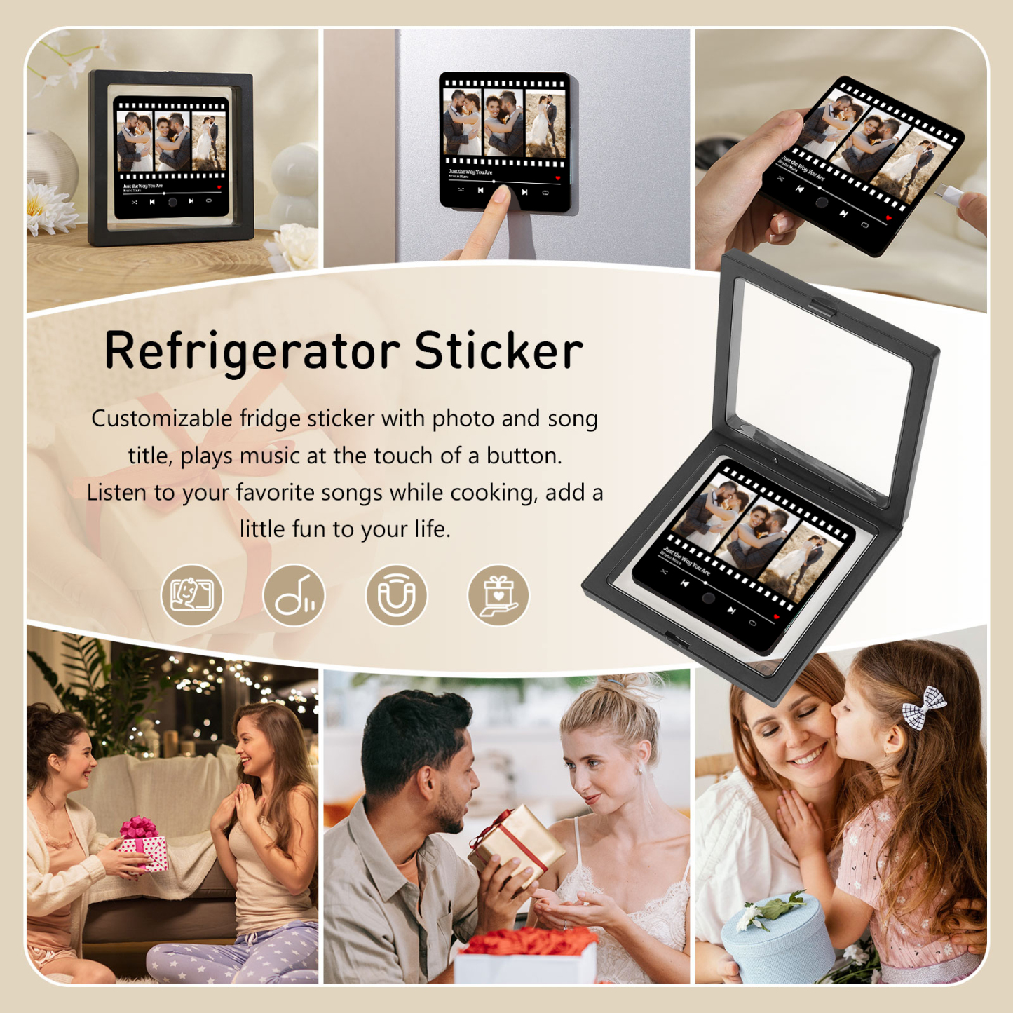 Personalisierte 3 Fotos & Lied Herz Acryl-Kühlschrankmagnet Musikrahmen Geschenk für Paar