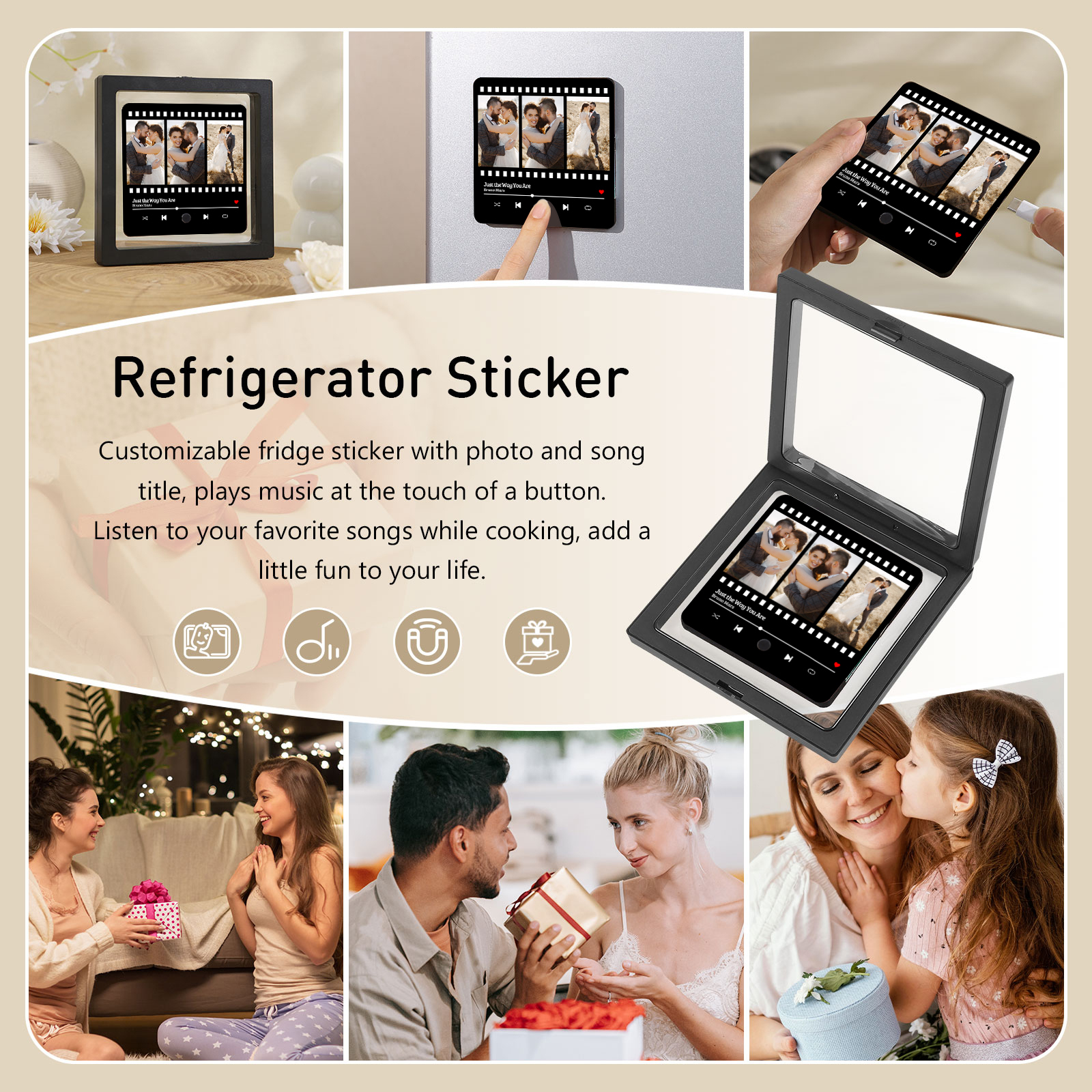 Personalisierte 3 Fotos & Lied Herz Acryl-Kühlschrankmagnet Musikrahmen Geschenk für Paar