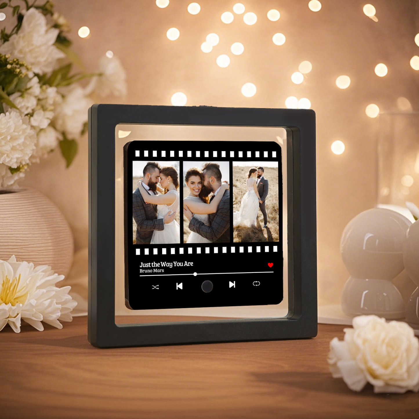 Personalisierte 3 Fotos & Lied Herz Acryl-Kühlschrankmagnet Musikrahmen Geschenk für Paar
