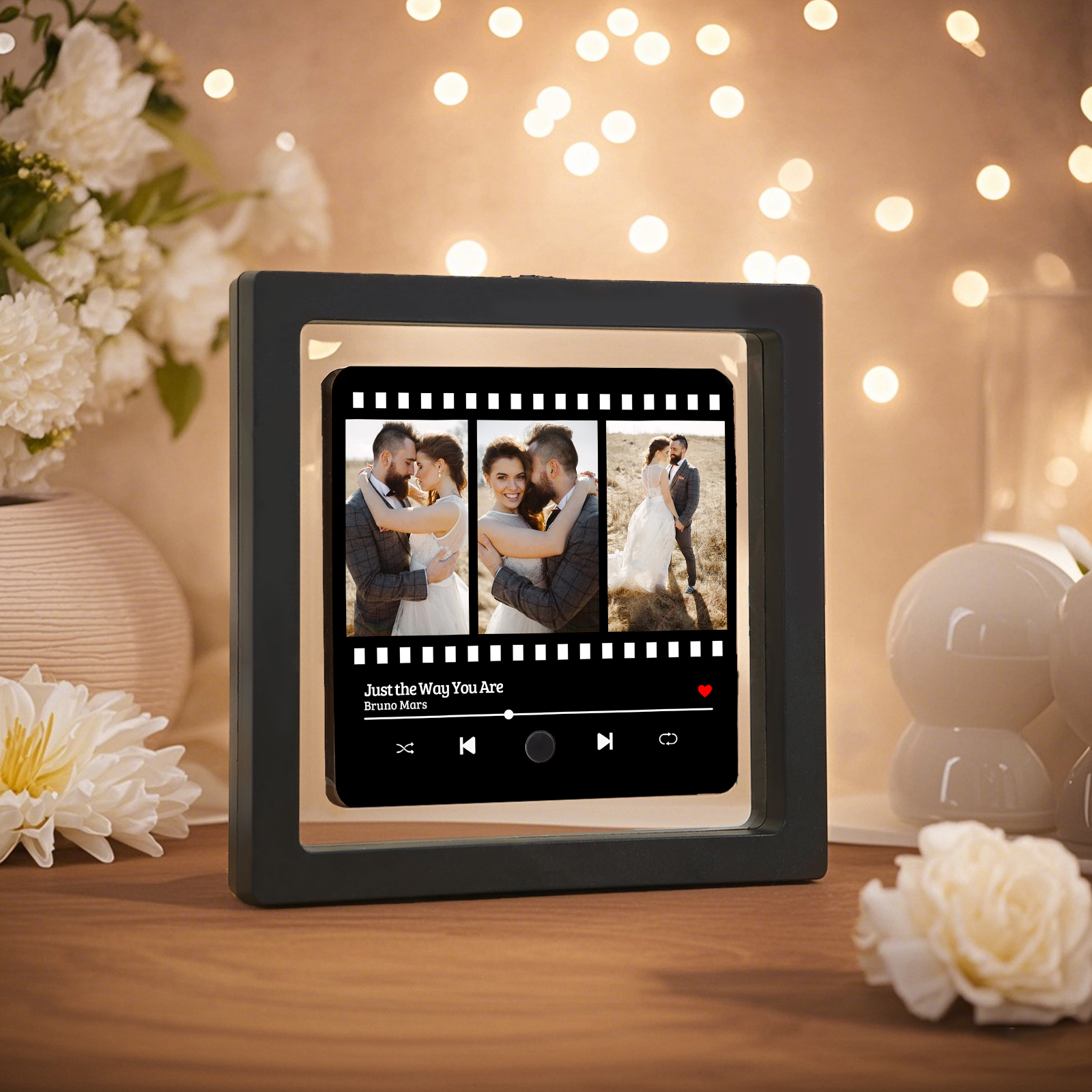 Personalisierte 3 Fotos & Lied Herz Acryl-Kühlschrankmagnet Musikrahmen Geschenk für Paar