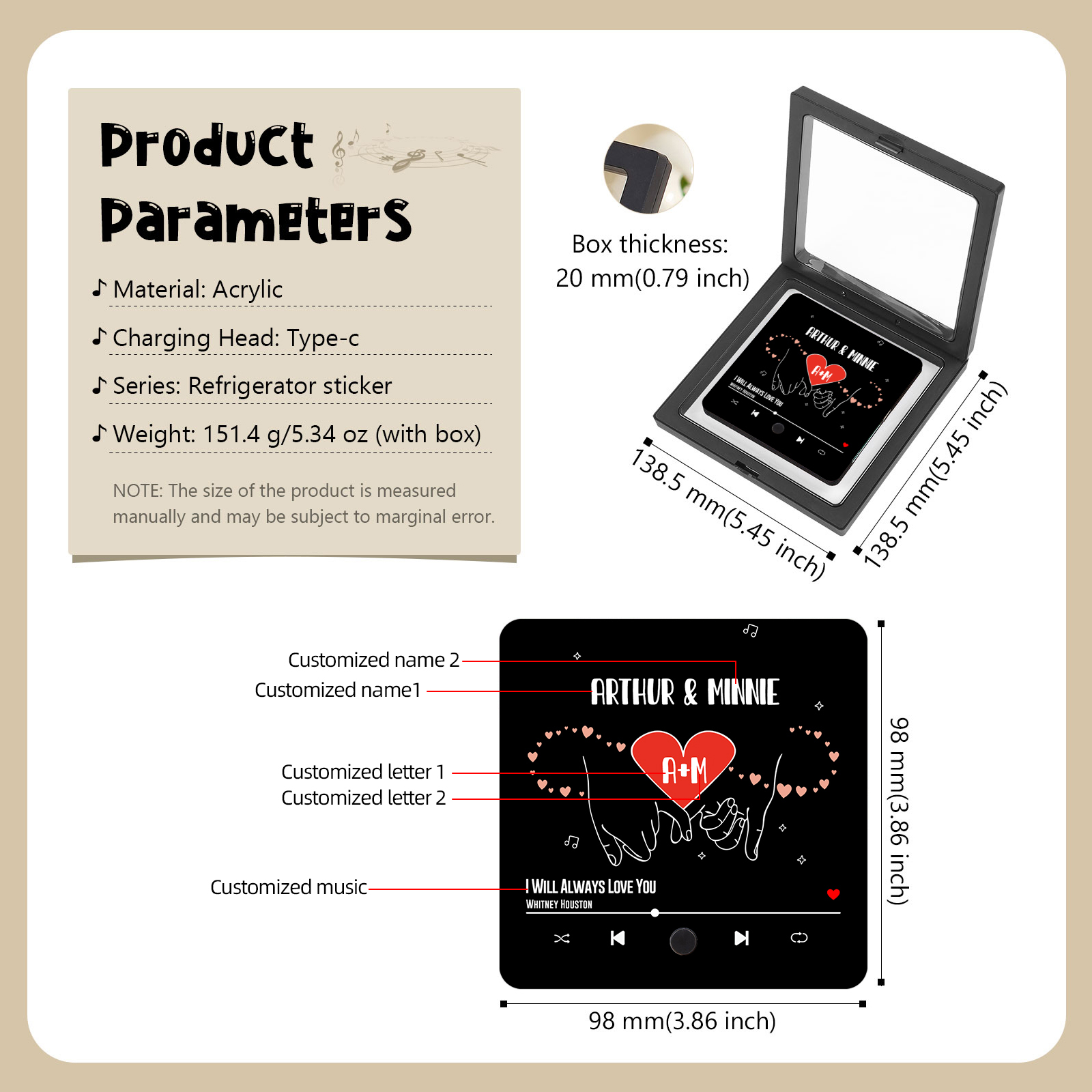 Personalisierte 2 Namen & 2 Buchstaben & Lied Hand-in-Hand Acryl-Kühlschrankmagnet Musikrahmen Geschenk für Paar