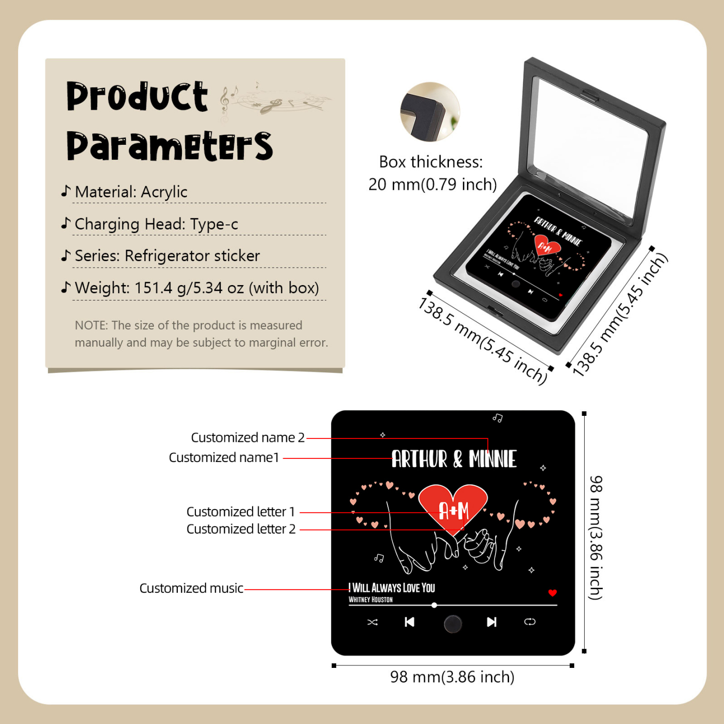 Personalisierte 2 Namen & 2 Buchstaben & Lied Hand-in-Hand Acryl-Kühlschrankmagnet Musikrahmen Geschenk für Paar
