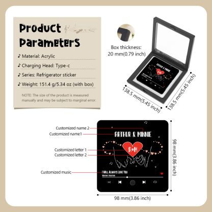 Personalisierte 2 Namen & 2 Buchstaben & Lied Hand-in-Hand Acryl-Kühlschrankmagnet Musikrahmen Geschenk für Paar