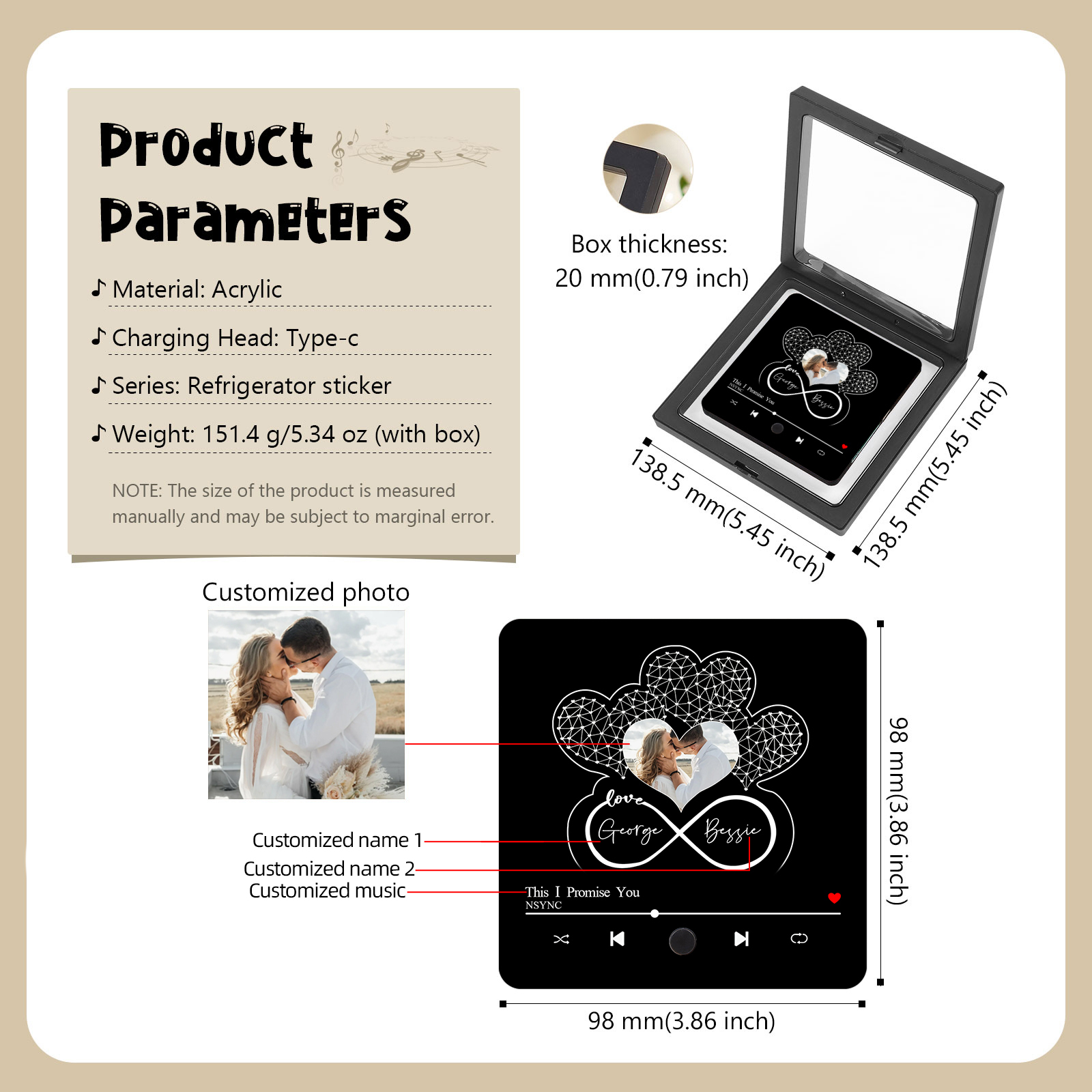 Personalisiertes Foto & 2 Namen & Lied Musikrahmen Herz – Eure Liebe in Bild & Ton – Acryl-Kühlschrankmagnet für Paar