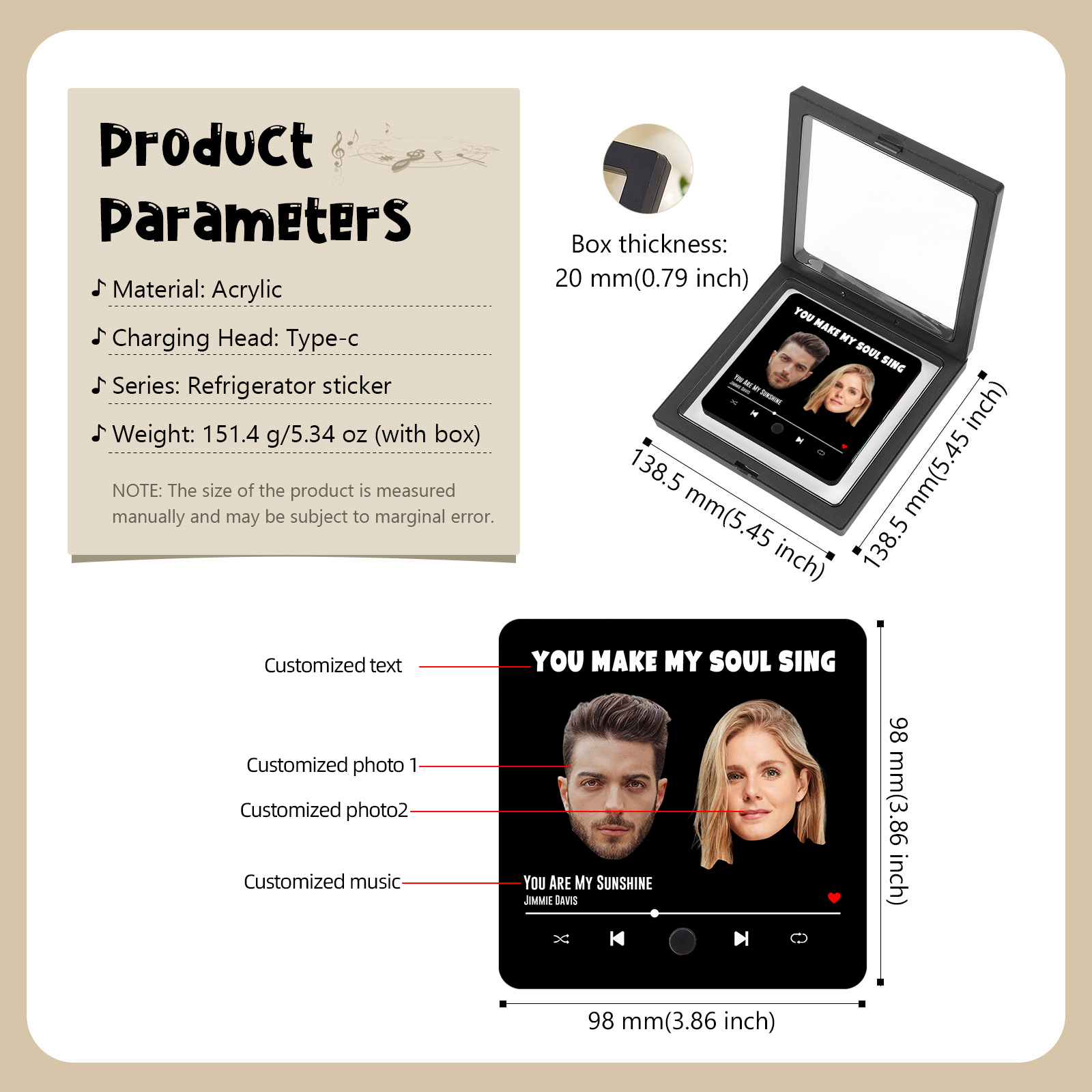 Personalisierte 2 Fotos & Lied & Text Musikrahmen Acryl-Kühlschrankmagnet Geschenk für Paar