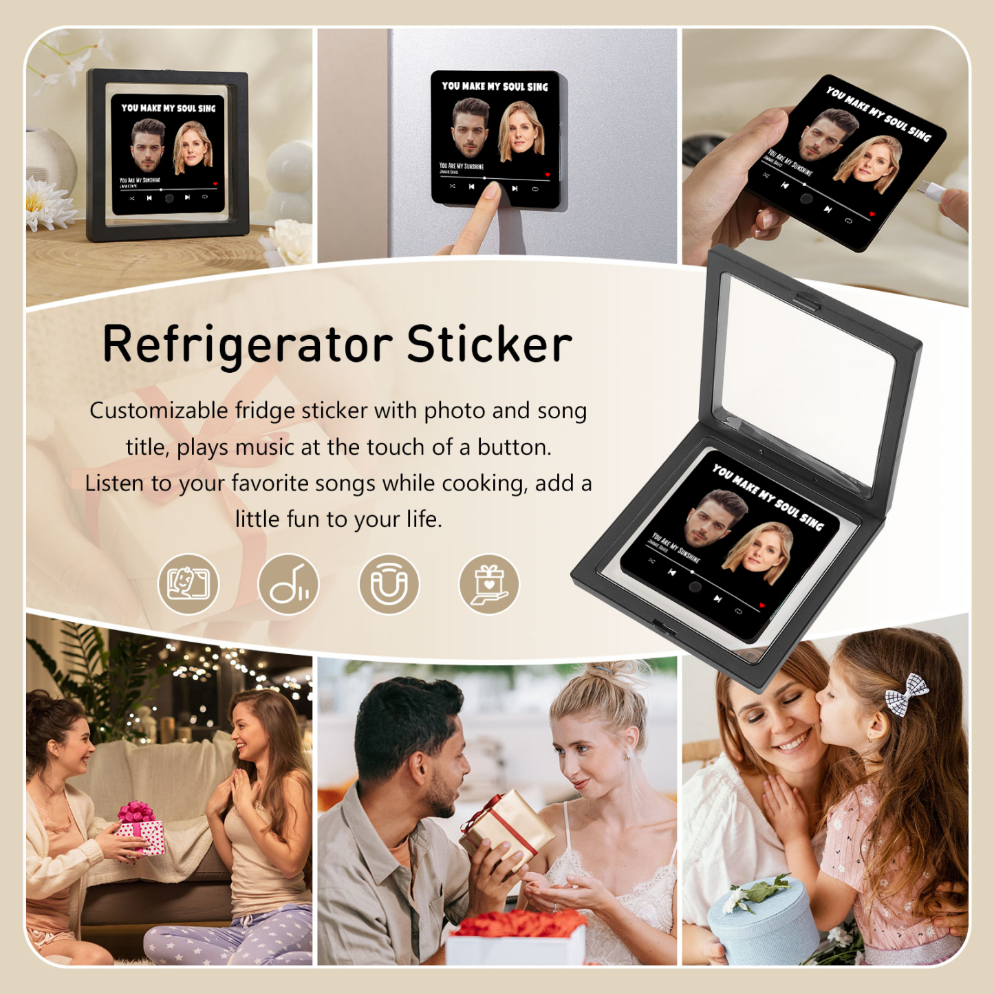 Personalisierte 2 Fotos & Lied & Text Musikrahmen Acryl-Kühlschrankmagnet Geschenk für Paar
