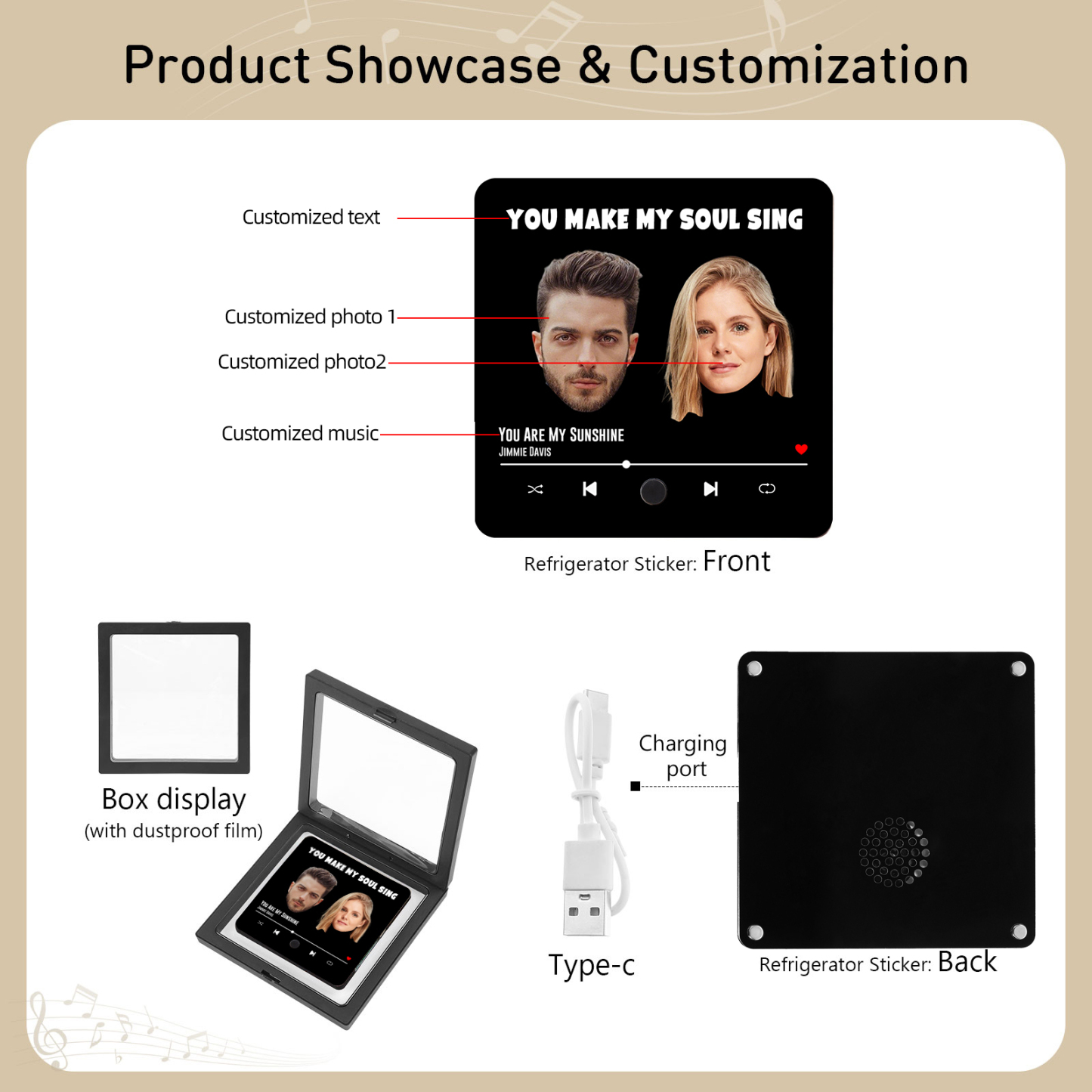 Personalisierte 2 Fotos & Lied & Text Musikrahmen Acryl-Kühlschrankmagnet Geschenk für Paar
