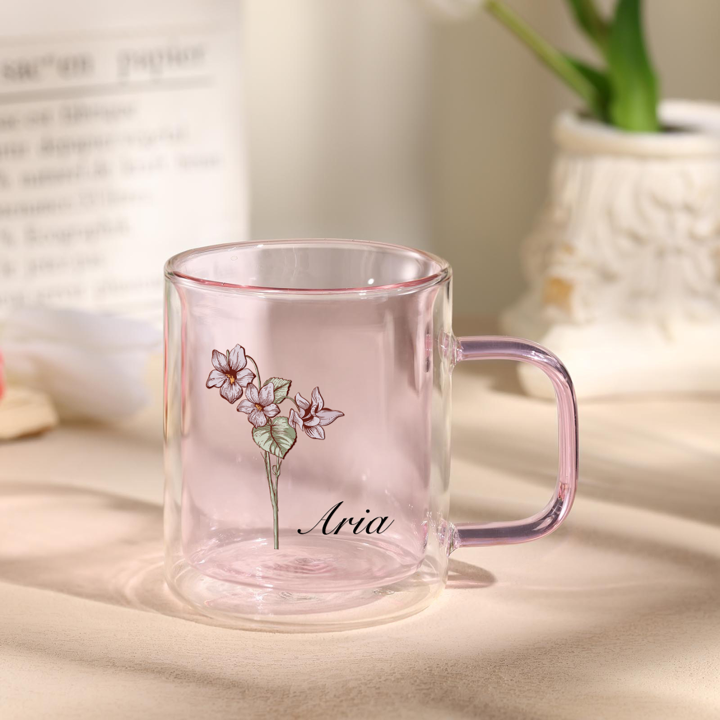 Personalisierte mit Geburtsblume & Namen Glas-Tasse – Die Geschichte von Namen und Blumen