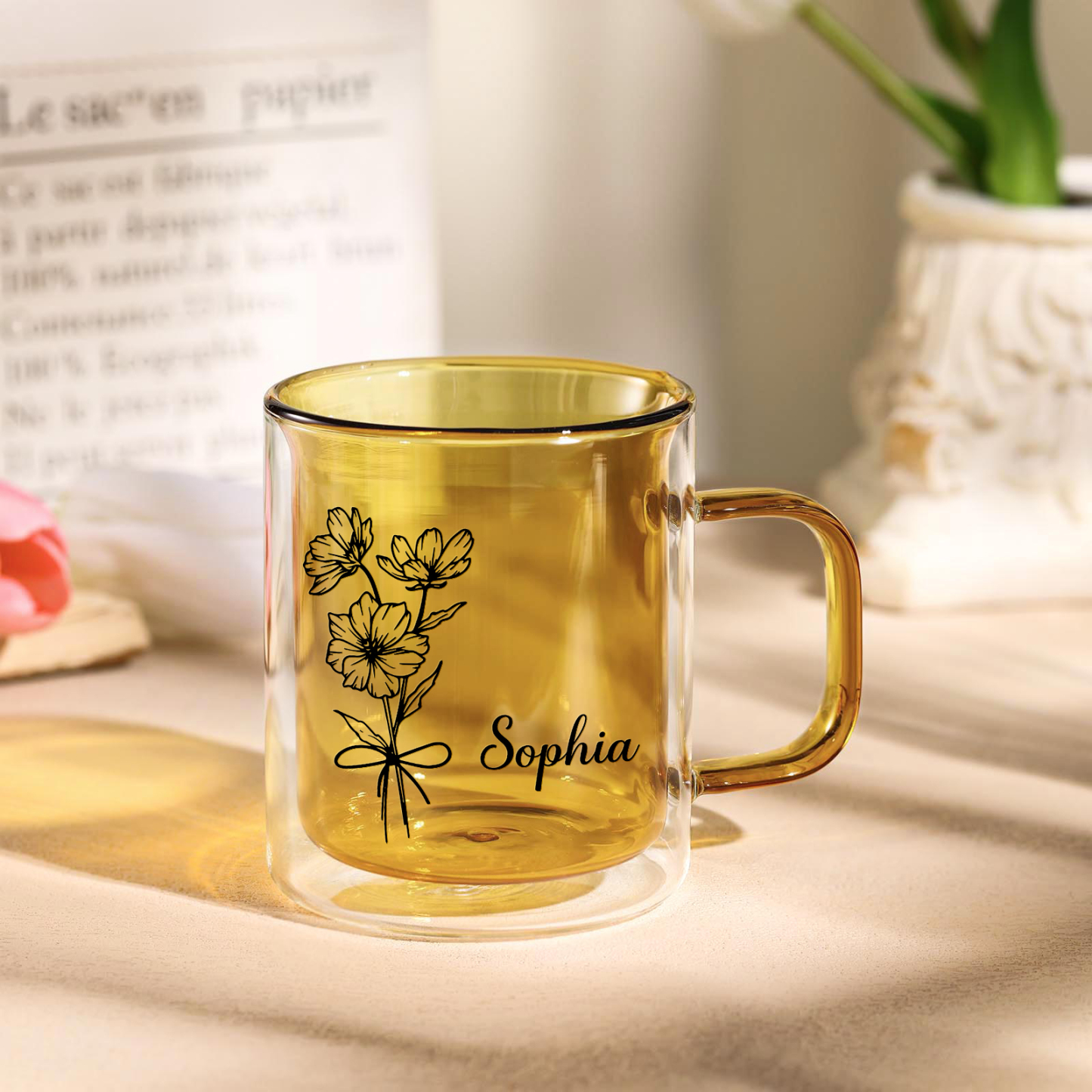 Personalisierte mit Geburtsblume & Namen Glas-Tasse – Die Geschichte von Namen und Blumen