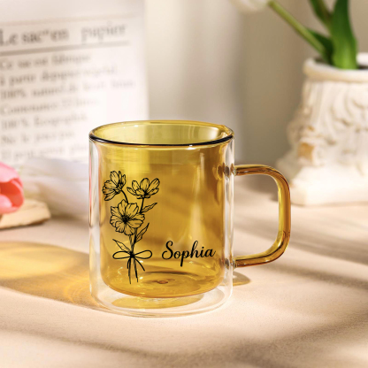 Personalisierte mit Geburtsblume & Namen Glas-Tasse – Die Geschichte von Namen und Blumen