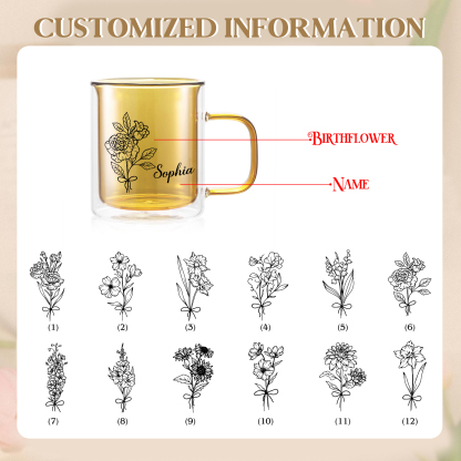 Personalisierte mit Geburtsblume & Namen Glas-Tasse – Die Geschichte von Namen und Blumen