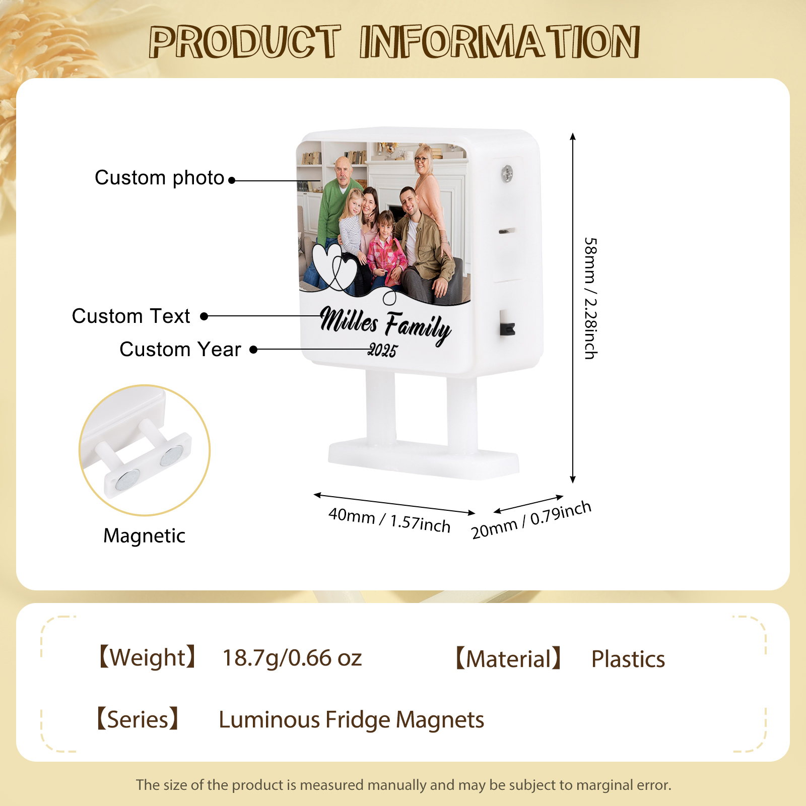 Personalisiertes Foto & Text & Jahr Quadrat-Kühlschrankmagnet mit Leuchtfunktion Geschenk für Familie