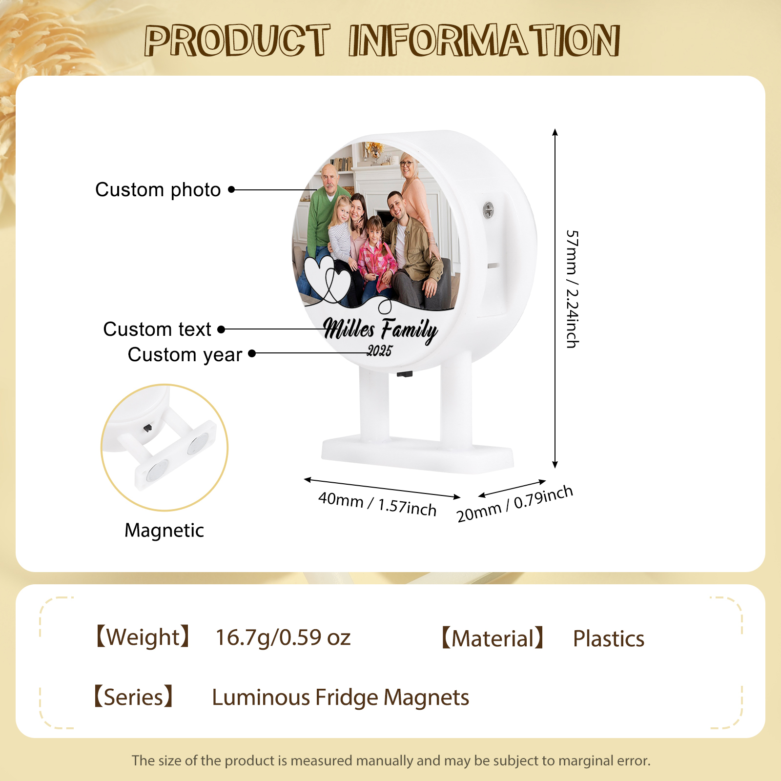 Personalisiertes Foto & Text & Jahr Runde-Kühlschrankmagnet mit Leuchtfunktion Geschenk für Familie