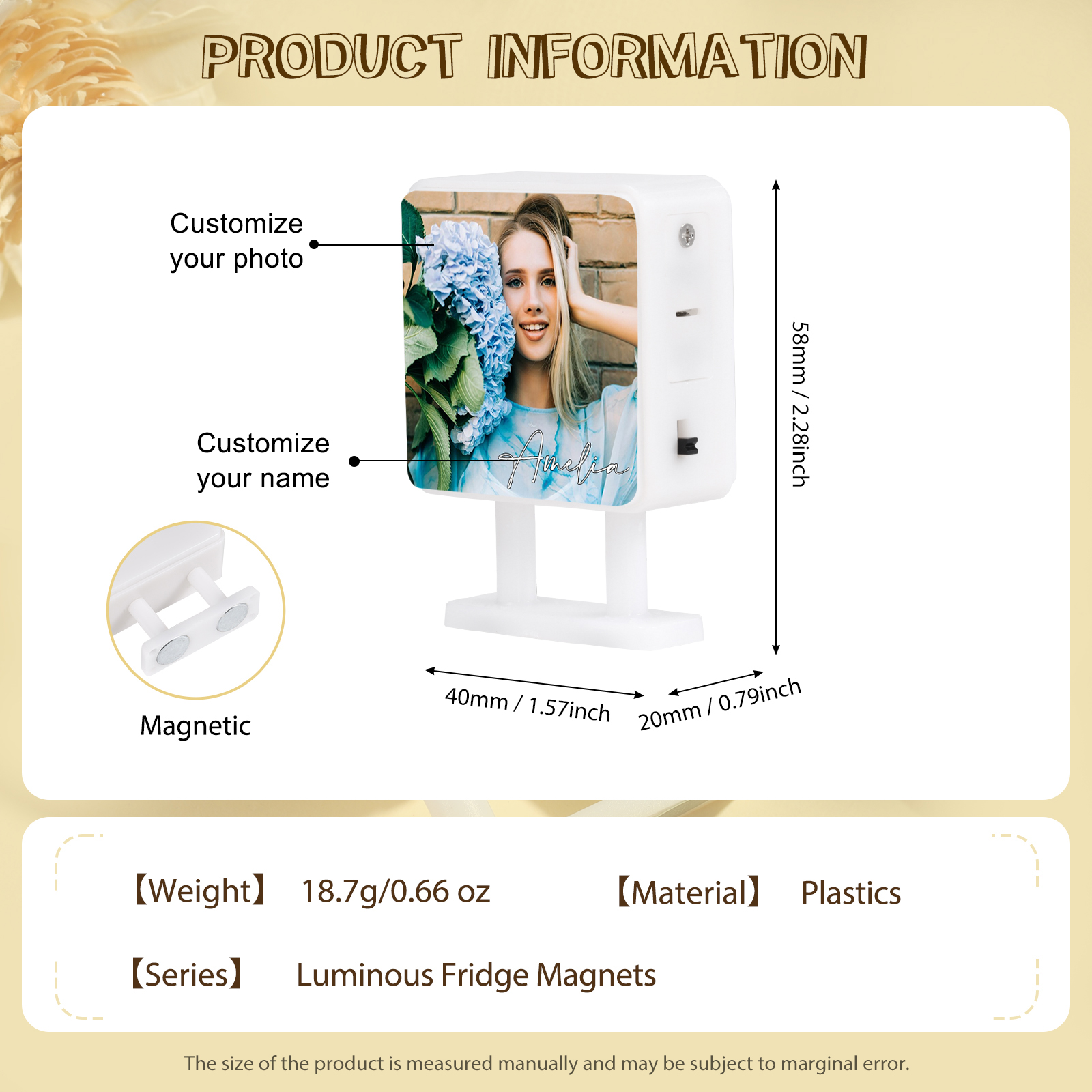 Personalisiertes Foto & Name Quadratische-Kühlschrankmagnet mit Leuchtfunktion Geschenk für Freund/Freundin