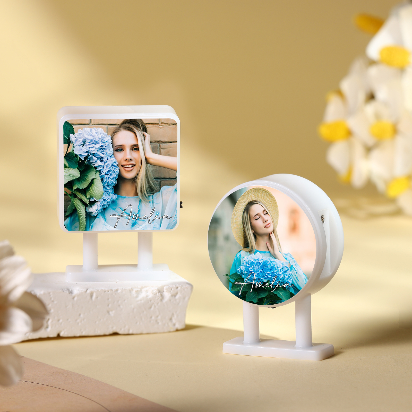 Personalisiertes Foto & Name Quadratische-Kühlschrankmagnet mit Leuchtfunktion Geschenk für Freund/Freundin