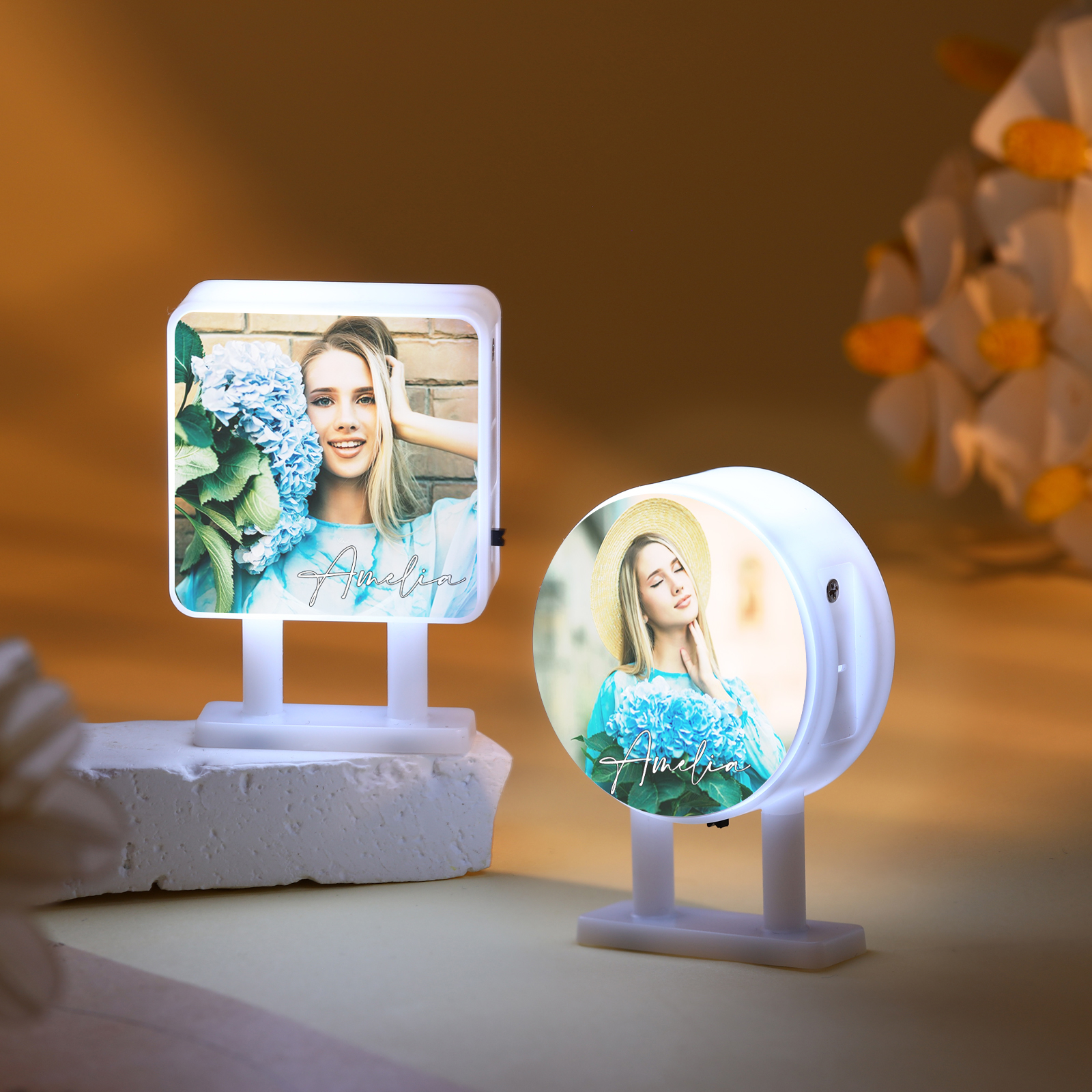 Personalisiertes Foto & Name Quadratische-Kühlschrankmagnet mit Leuchtfunktion Geschenk für Freund/Freundin