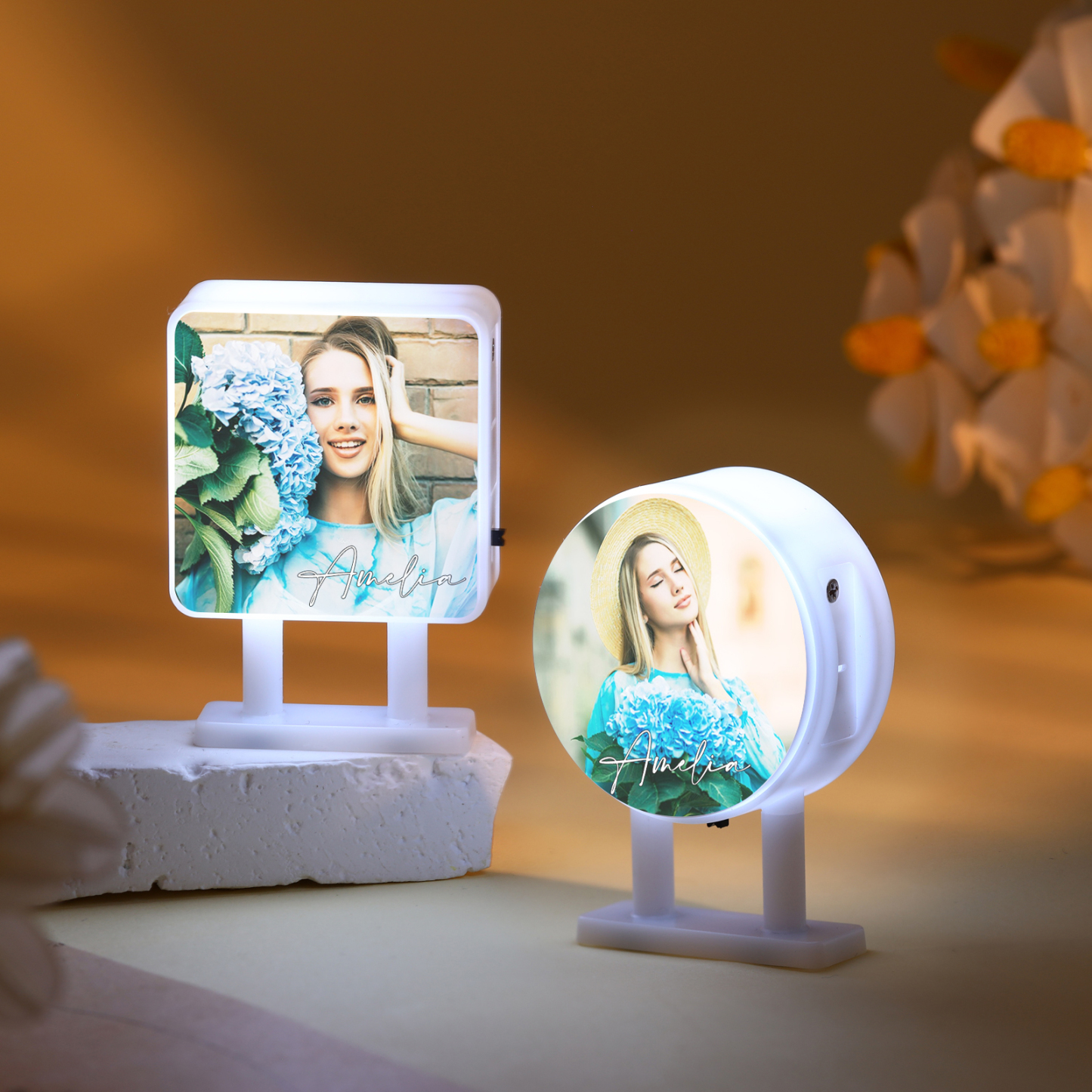 Personalisiertes Foto & Name Quadratische-Kühlschrankmagnet mit Leuchtfunktion Geschenk für Freund/Freundin