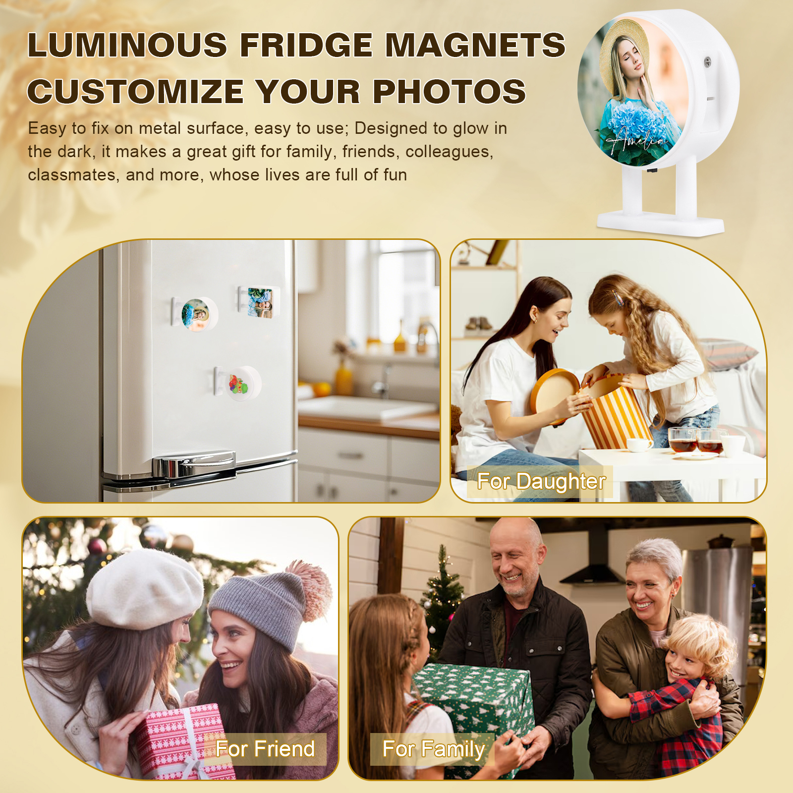 Personalisiertes Foto & Name Runde-Kühlschrankmagnet mit Leuchtfunktion Geschenk für Freund/Freundin