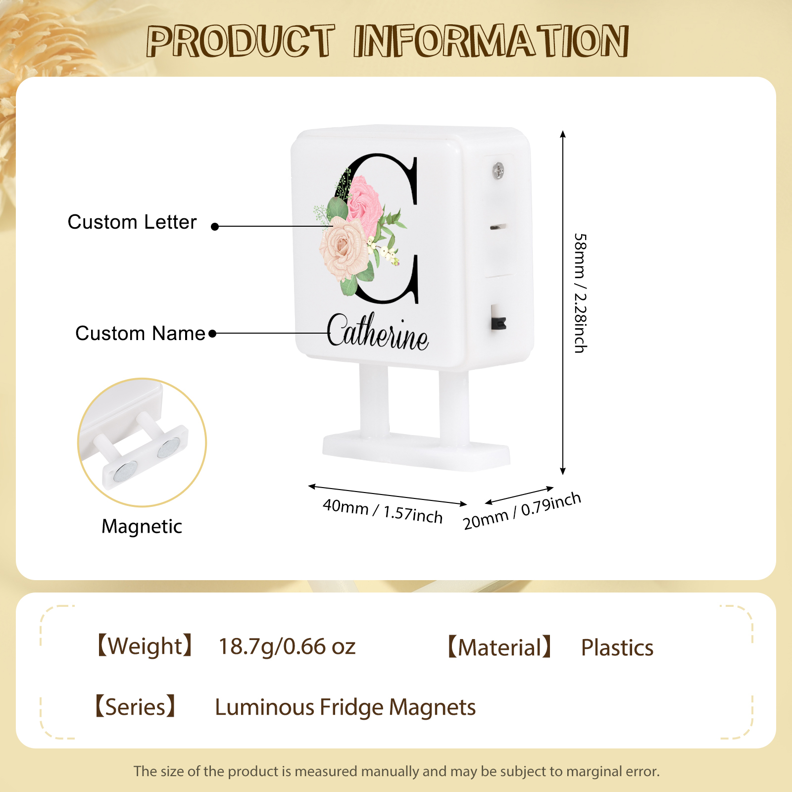 Personalisiertes Buchstabe & Name Quadratische-Kühlschrankmagnet mit Leuchtfunktion Schöne Blumen