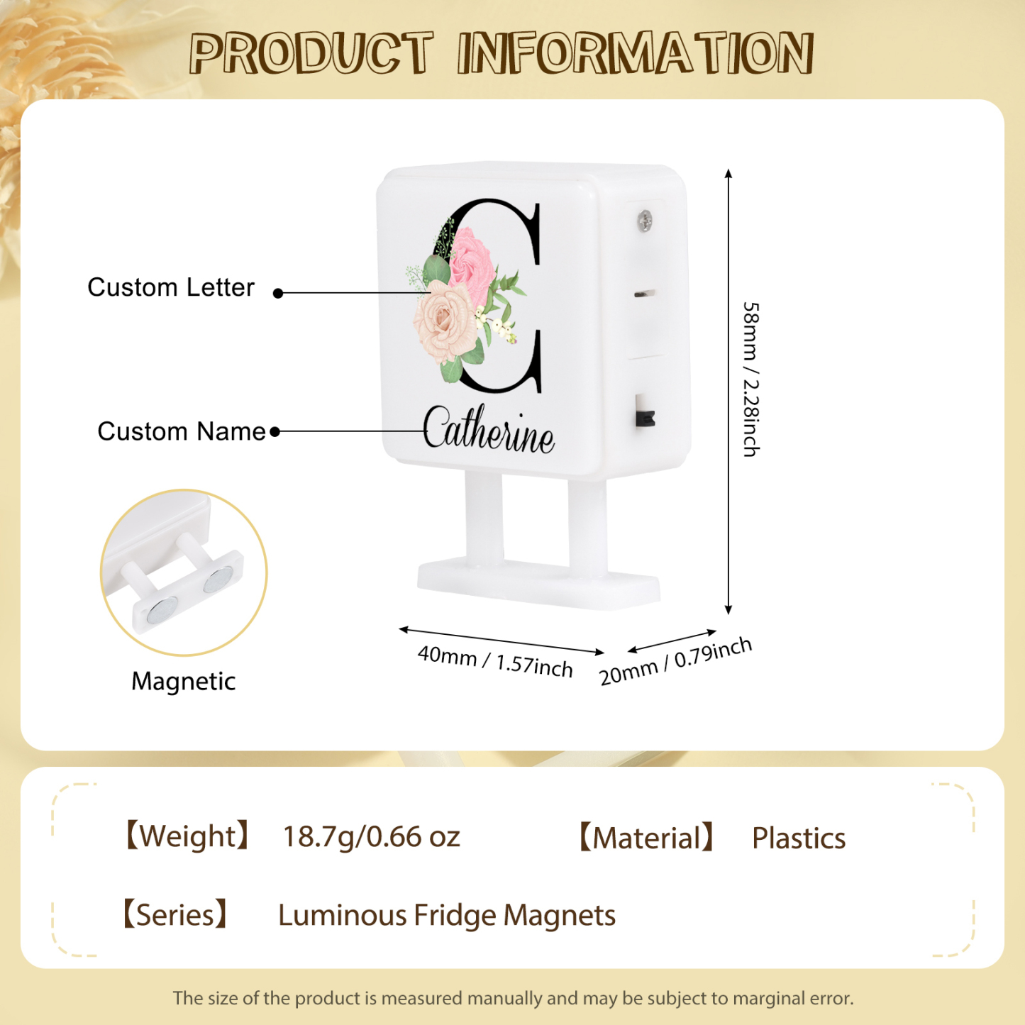 Personalisiertes Buchstabe & Name Quadratische-Kühlschrankmagnet mit Leuchtfunktion Schöne Blumen