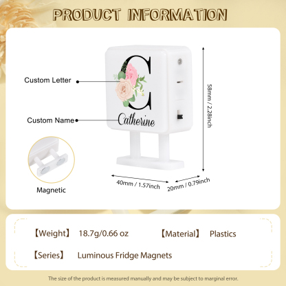 Personalisiertes Buchstabe & Name Quadratische-Kühlschrankmagnet mit Leuchtfunktion Schöne Blumen
