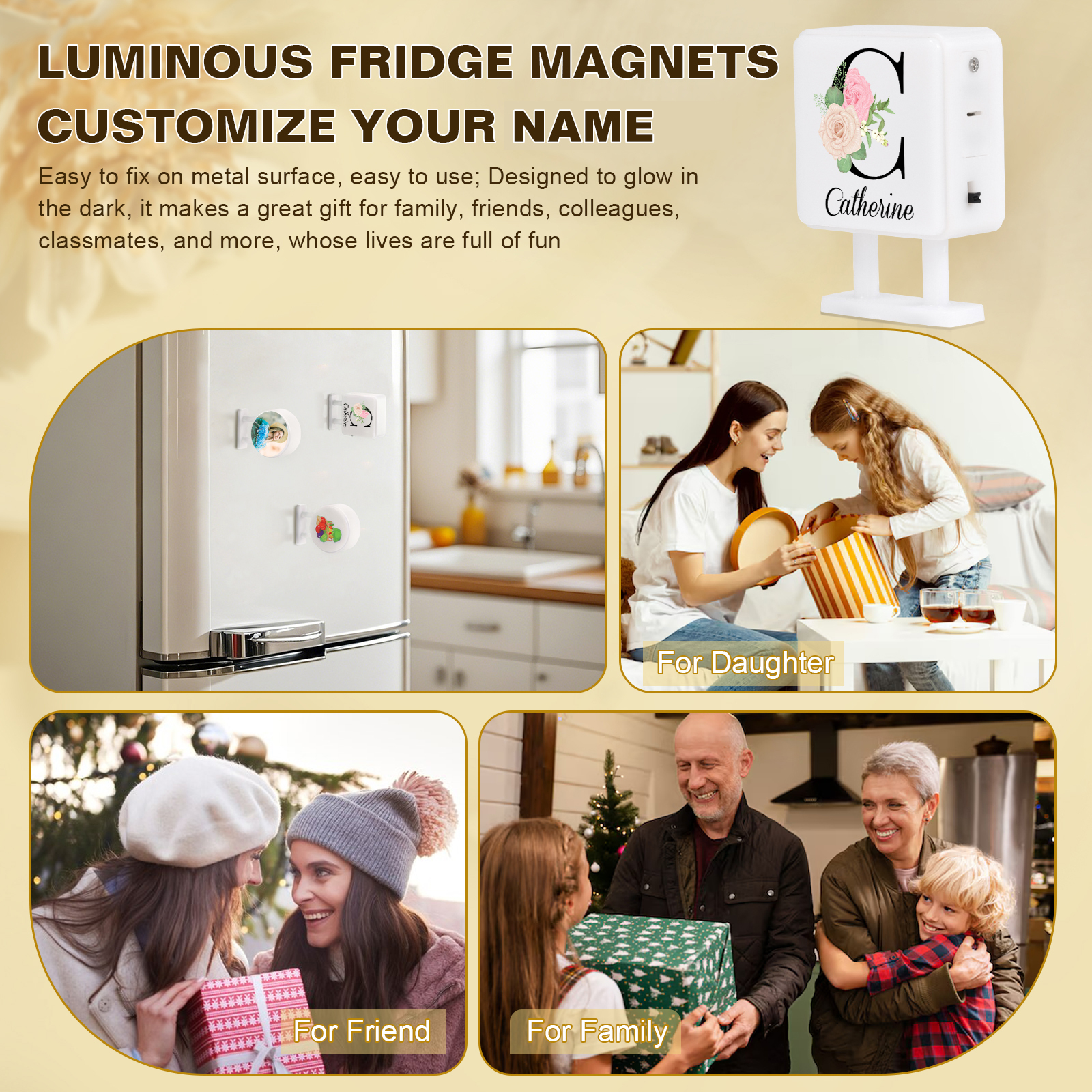 Personalisiertes Buchstabe & Name Quadratische-Kühlschrankmagnet mit Leuchtfunktion Schöne Blumen