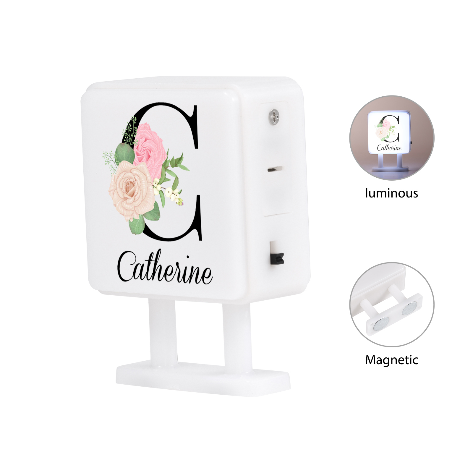 Personalisiertes Buchstabe & Name Quadratische-Kühlschrankmagnet mit Leuchtfunktion Schöne Blumen