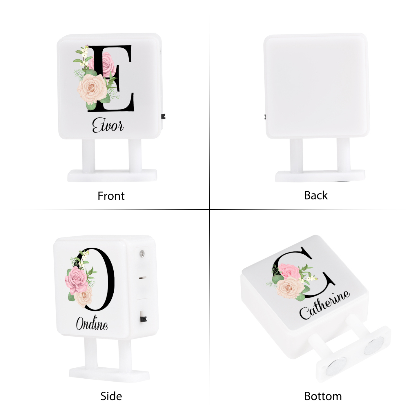 Personalisiertes Buchstabe & Name Quadratische-Kühlschrankmagnet mit Leuchtfunktion Schöne Blumen