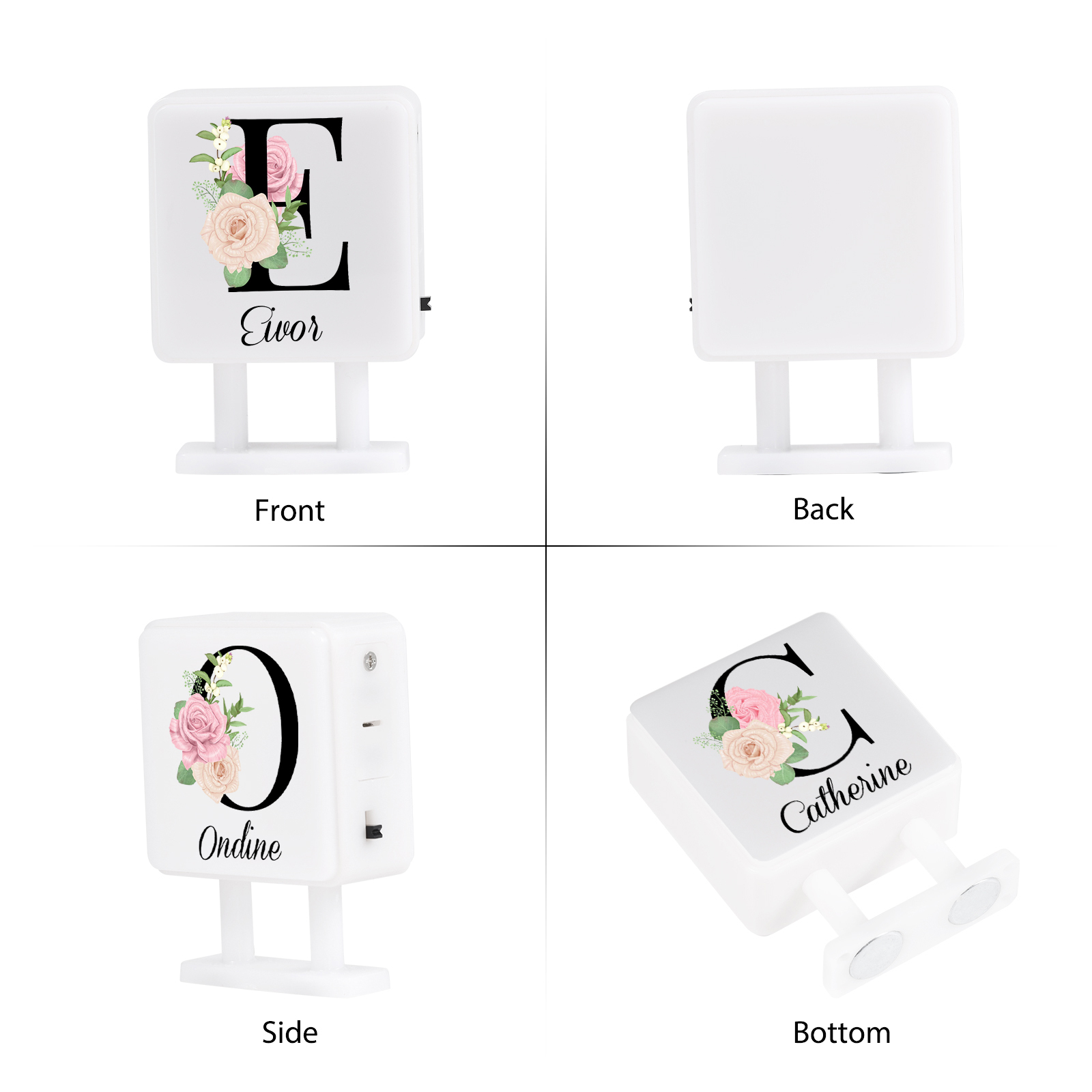 Personalisiertes Buchstabe & Name Quadratische-Kühlschrankmagnet mit Leuchtfunktion Schöne Blumen