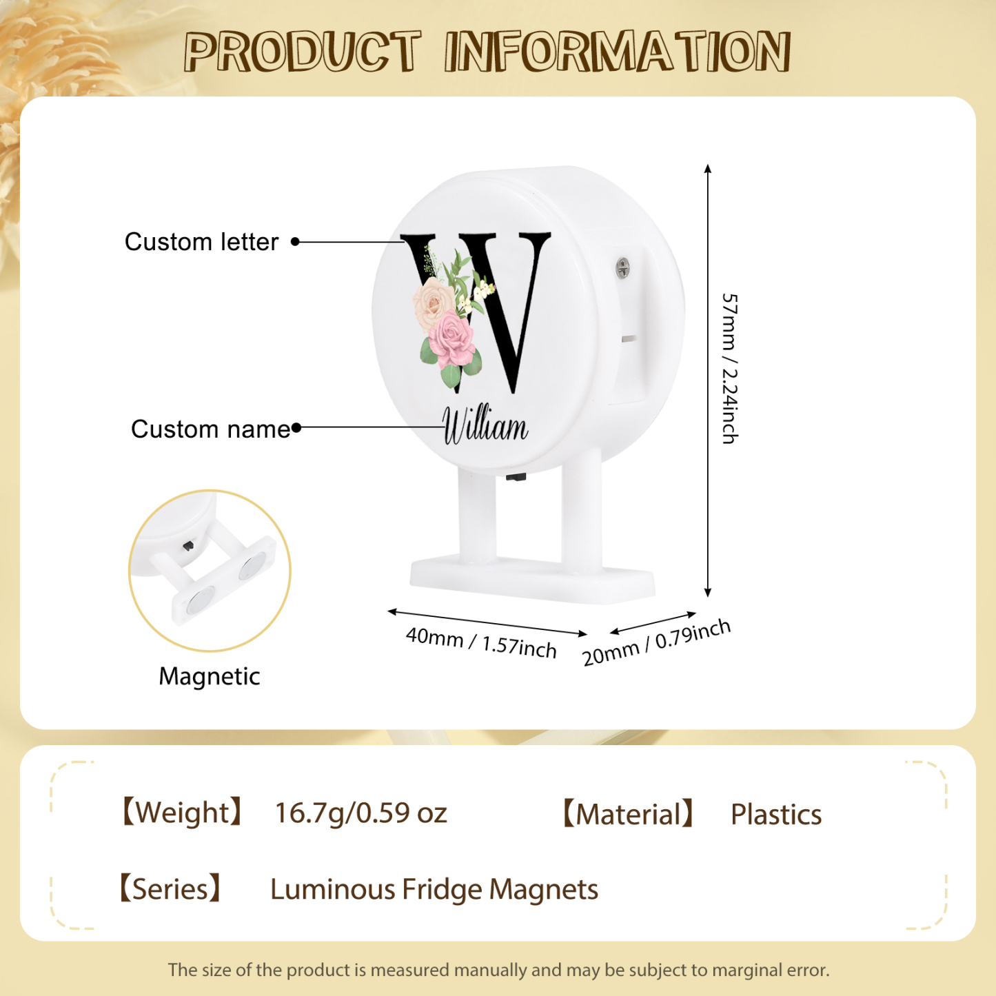 Personalisiertes Buchstabe & Name Runde-Kühlschrankmagnet mit Leuchtfunktion Schöne Blumen