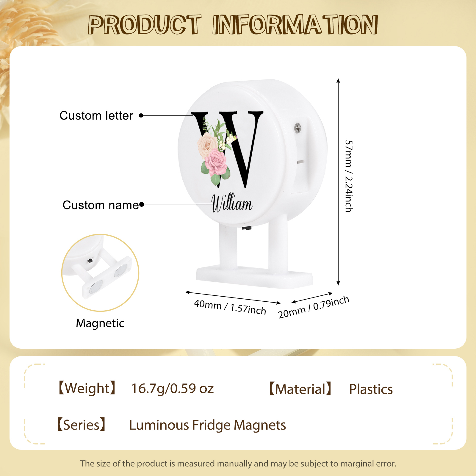 Personalisiertes Buchstabe & Name Runde-Kühlschrankmagnet mit Leuchtfunktion Schöne Blumen