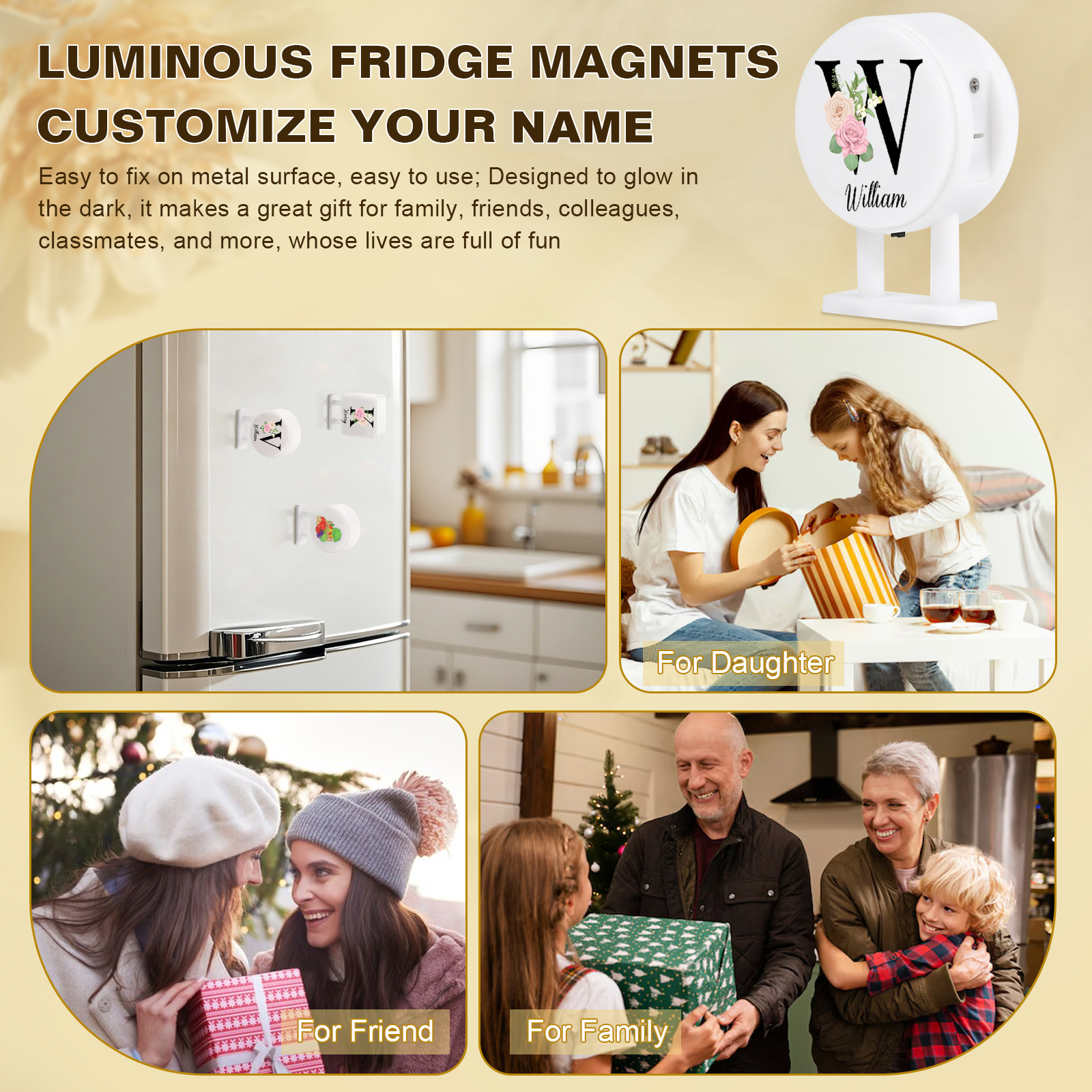 Personalisiertes Buchstabe & Name Runde-Kühlschrankmagnet mit Leuchtfunktion Schöne Blumen